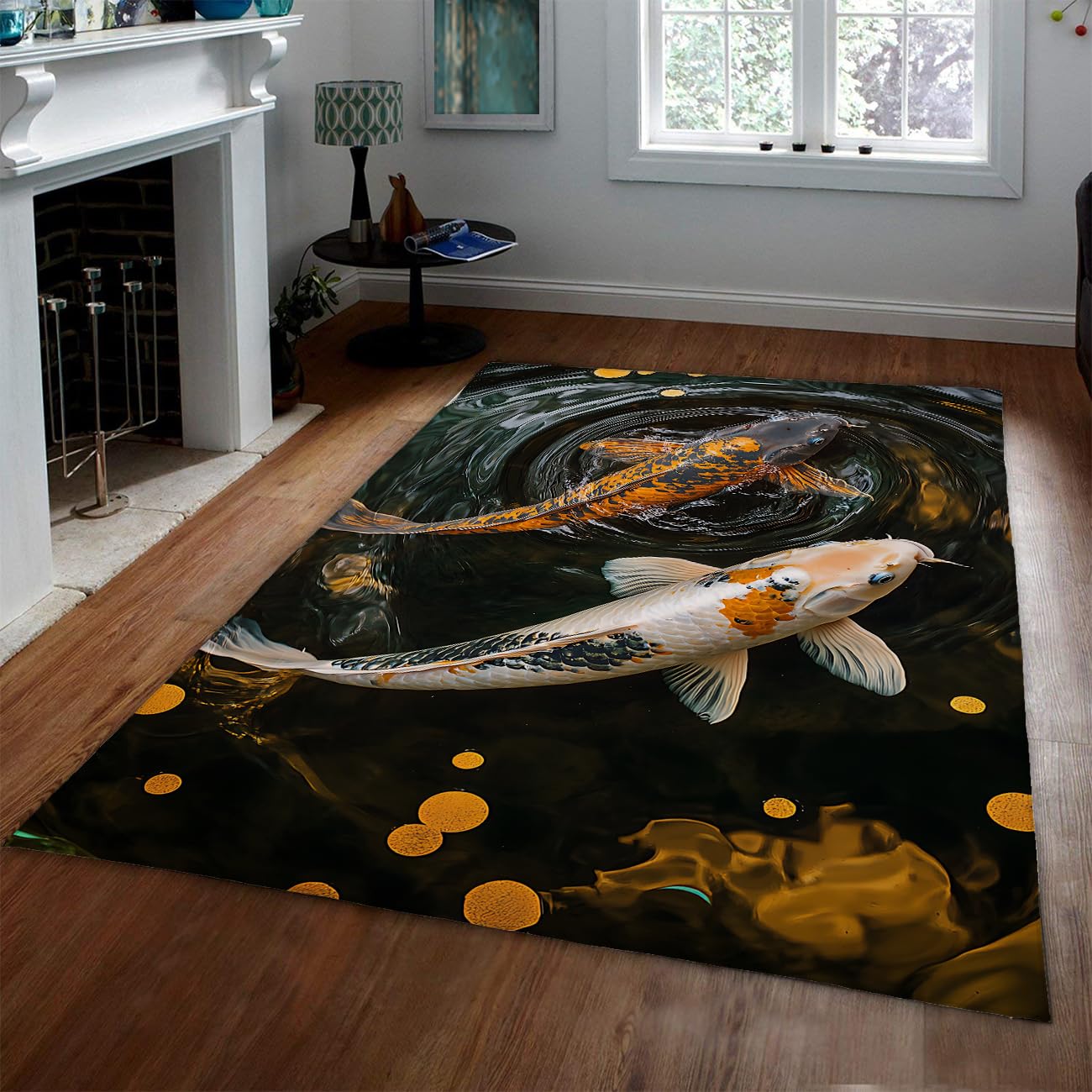 Tapis lavable 180x240cm orange blanc noir motif poisson koi pour chambre
