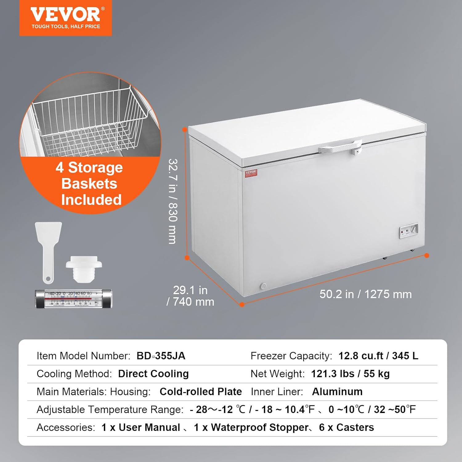 VEVOR Chest Freezer with included defrosting shovel and waterproof stopper