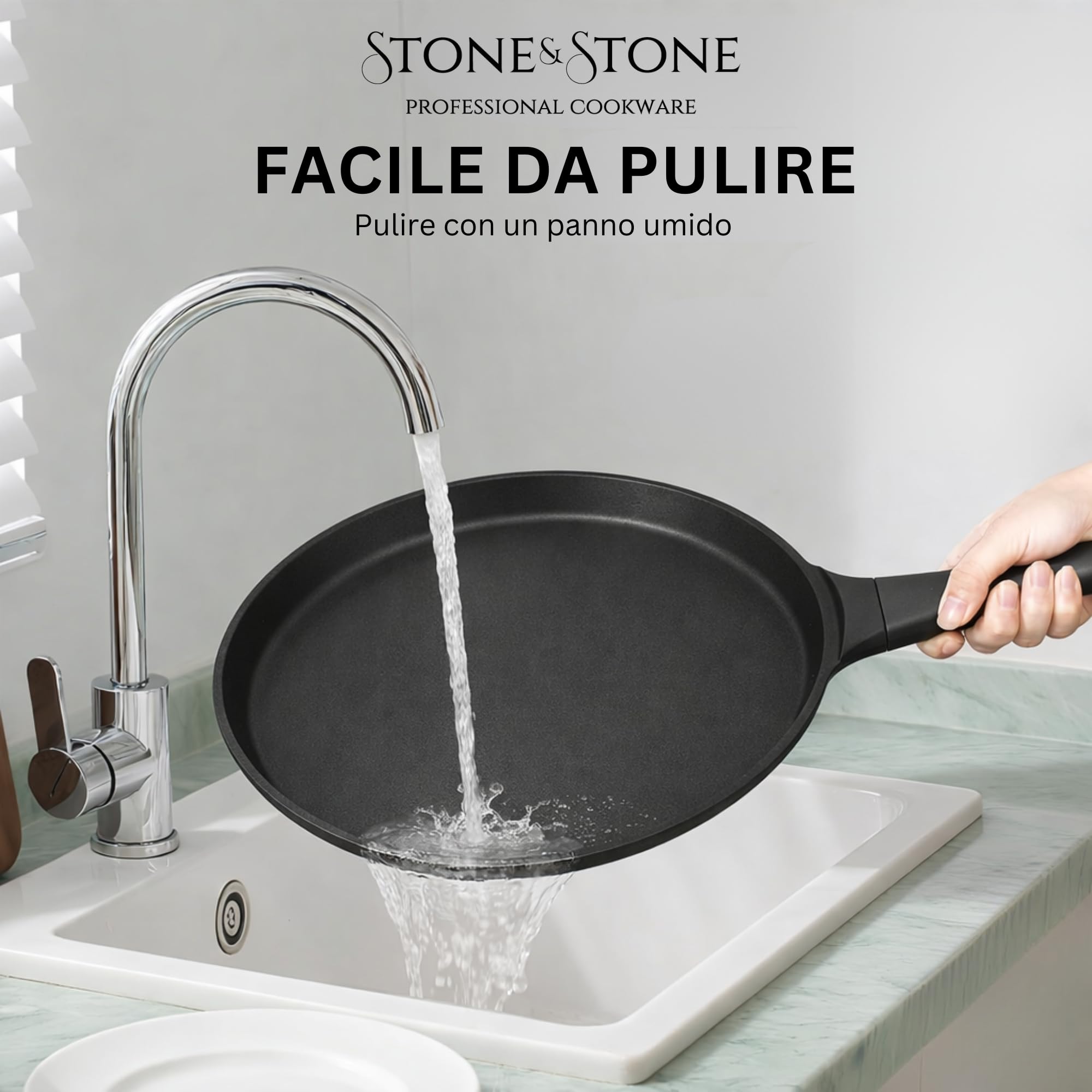 Stone&Stone Padella per Crepes e Pancake 26cm super Antiaderente per Induzione e gas | Crepiera con rivestimento Ceramico Tedesco | Senza PFOA PFAS PTFE | Spatola e Stendi Pastella Inclusi