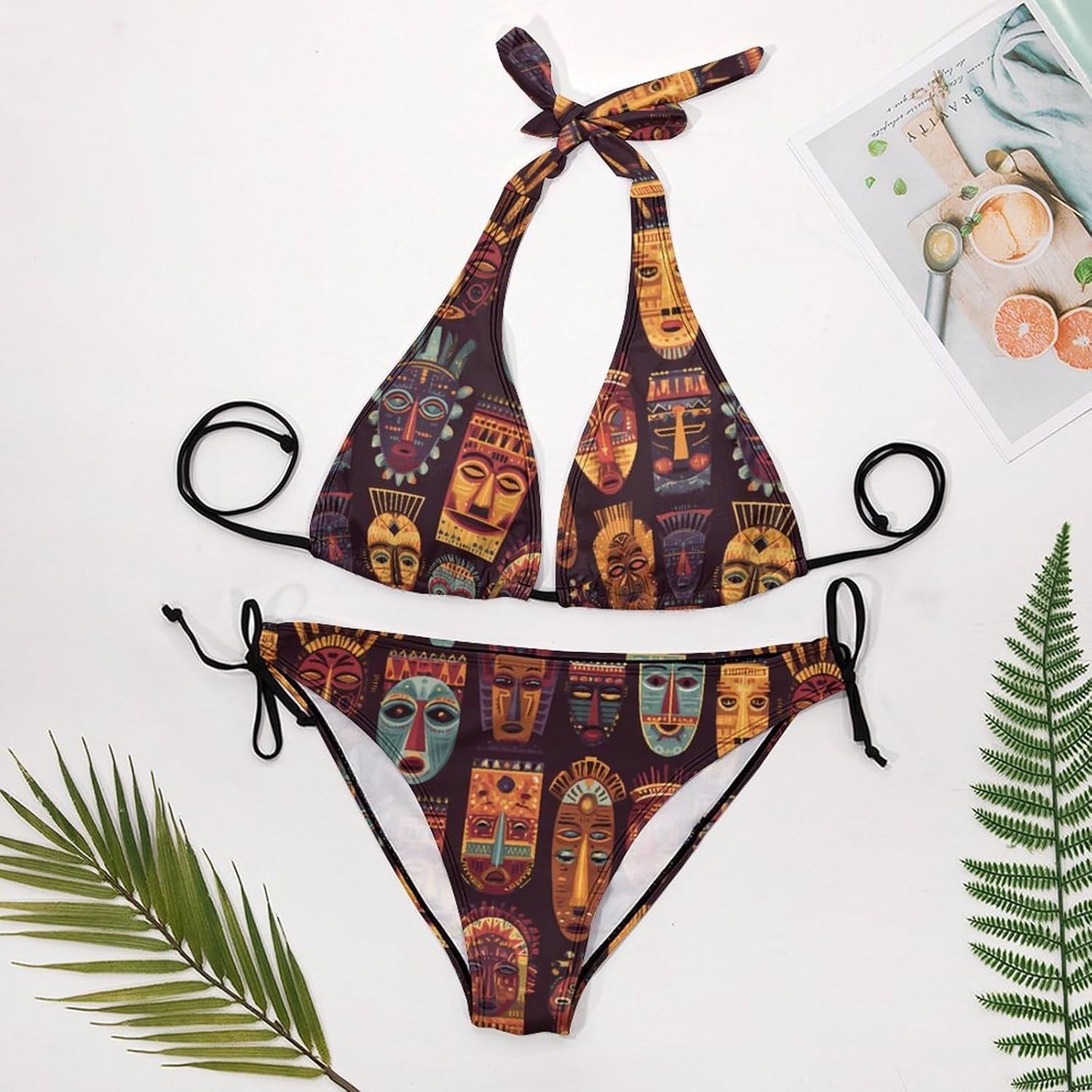 African Masks Pattern Novelty Women's 2 Piece String Bikini Set Swimsuits Bathing Suit Swimwear