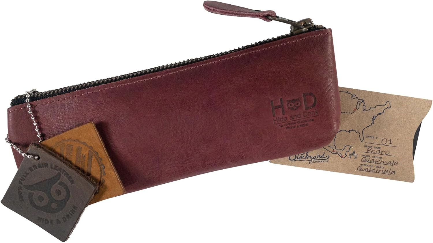 Hide & Drink, Rectangular Pencil Case, Pen & Marker Pouch for Men and Women, Flat Zippered Holder, Classic Style for Artists, Full Grain Leather, Handmade, Sangria