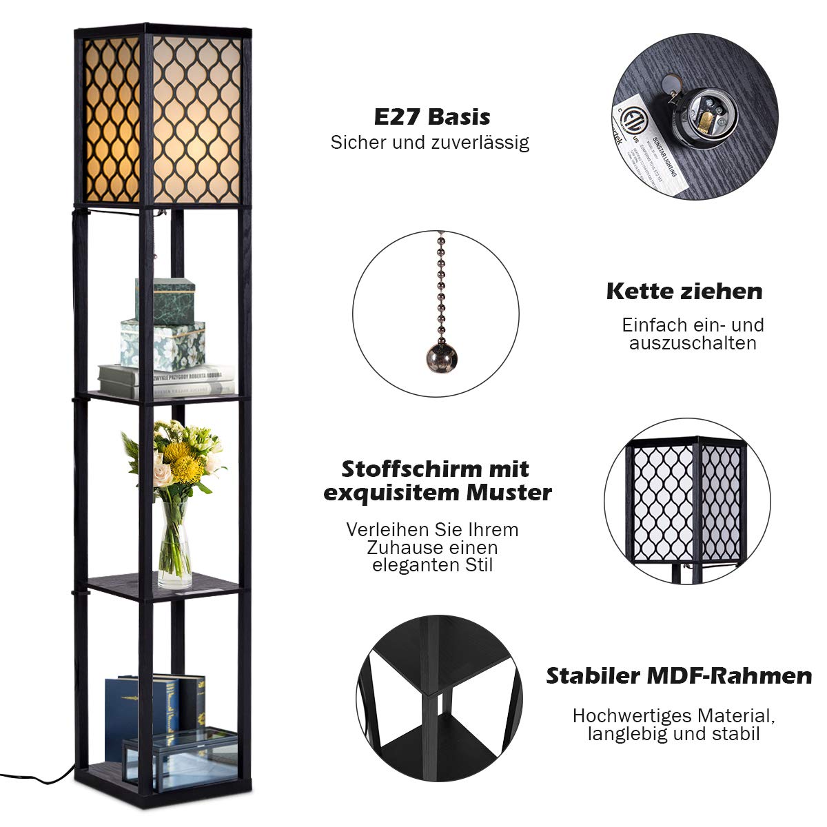 COSTWAY Stehlampe Wohnzimmer 160cm, E27, Max. 40W, 3 Ebenen Stehleuchte mit Zugkette, Standleuchte Holz, Holzregal Innenbeleuchtung für Wohnzimmer & Schlafzimmer, Schwarzes