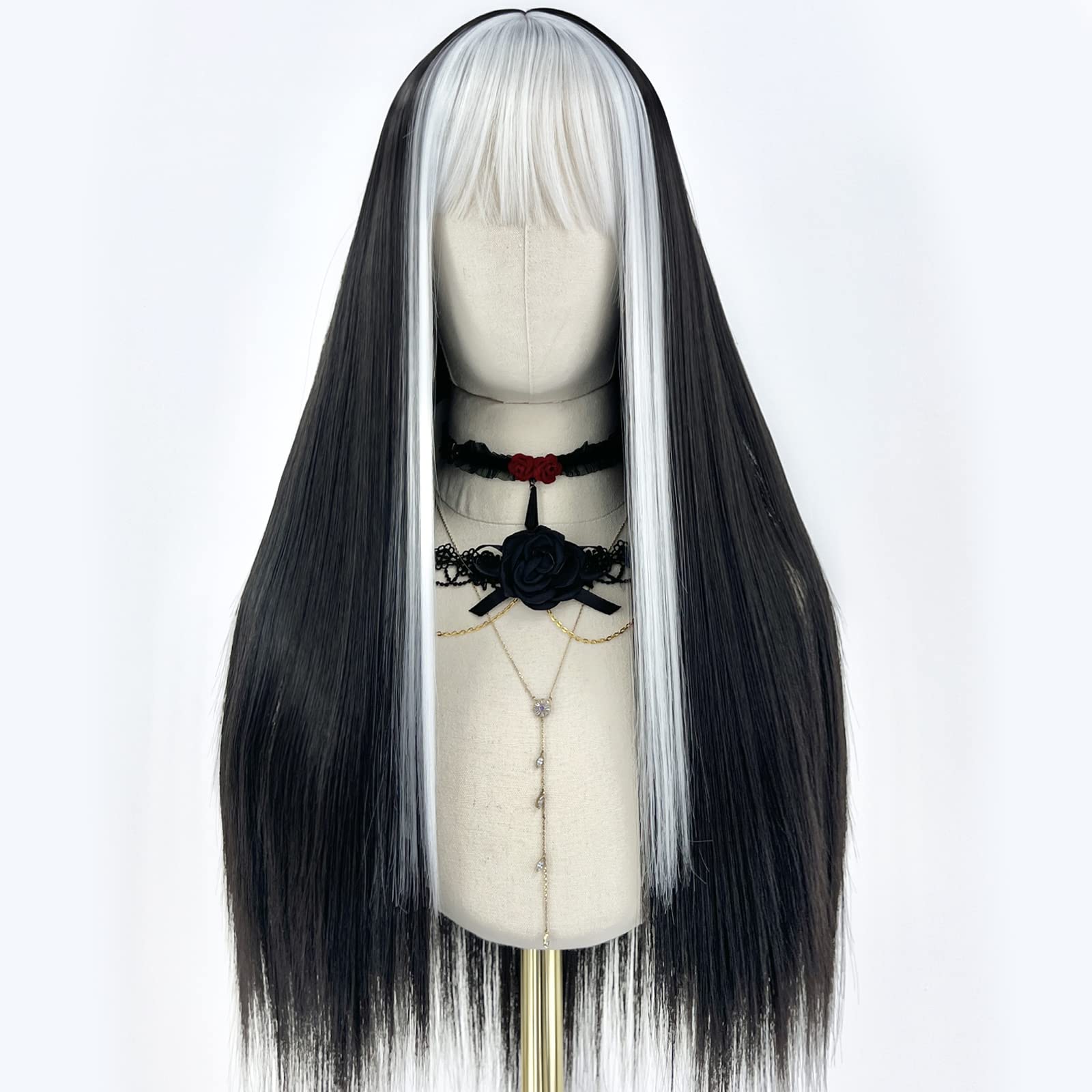 White straight wig ombré black with bangs 24 inches long Heat ok RONGDUOYI Half Black Half Blonde 24 Inch Wig with Bangs  main image 3