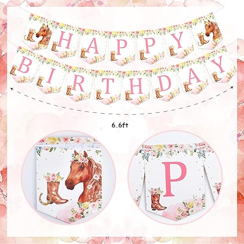 Miniatura 7 de Cartel de cumpleaños con diseño de caballo para niñas, diseño de vaquera rosa con diseño de botas de caballo para decoración de fiesta de cumpleaños
