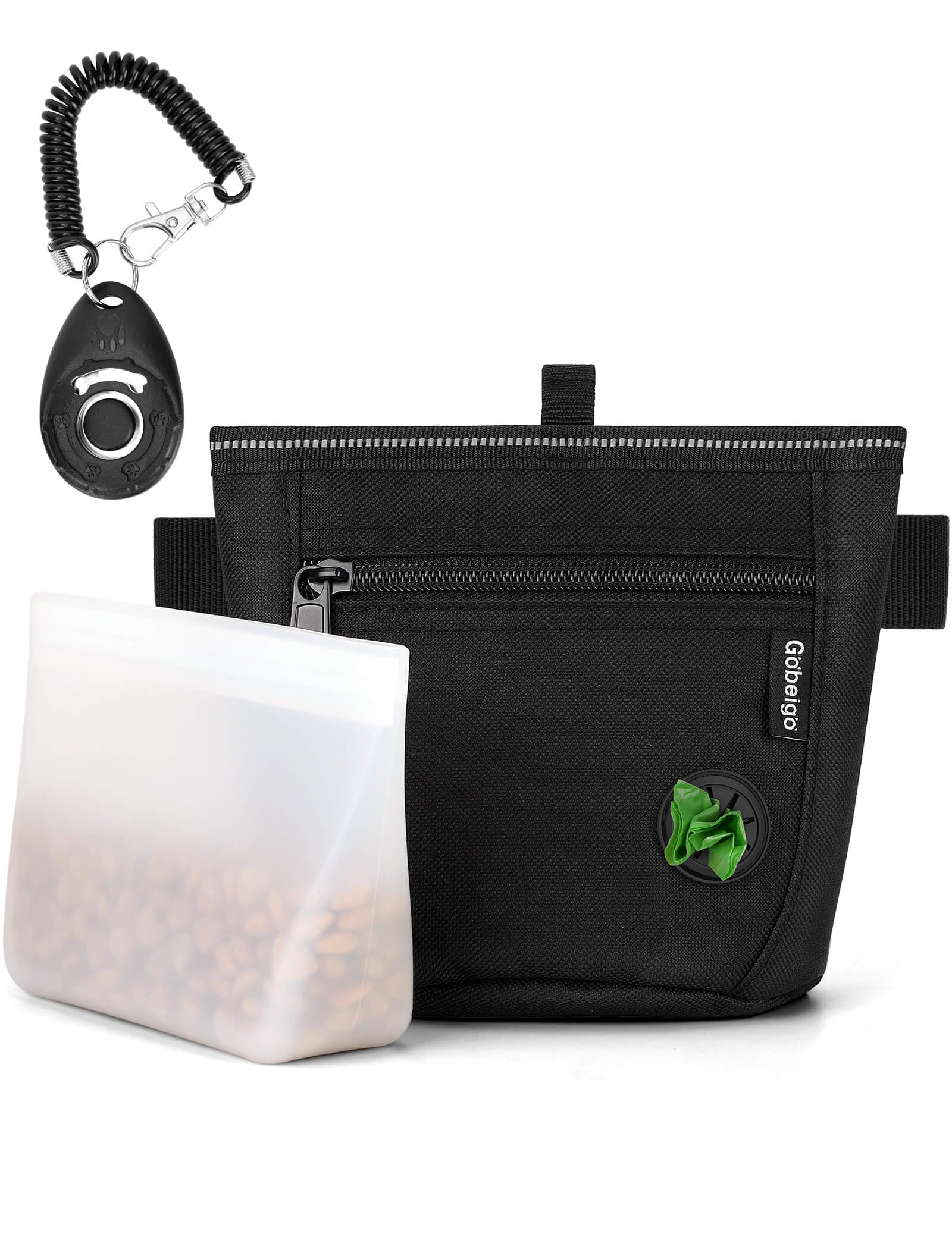 Gobeigo【Silicone Insert Bag Version】Dog Treat Pouch and Training Clicker, 2 Pair Magnetic Closure, 2 Cup Walking Fanny Pack with Poop Bag Dispenser, Metal Belt Clip &Waist Strap