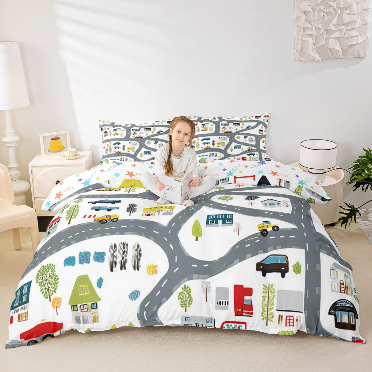 Homewish Double Quilt Cover for Boys,Cars Duvet Cover Traffic Transportation Track Bedding Set for Kids Children,Vehicle Car Bed Set,Gray White