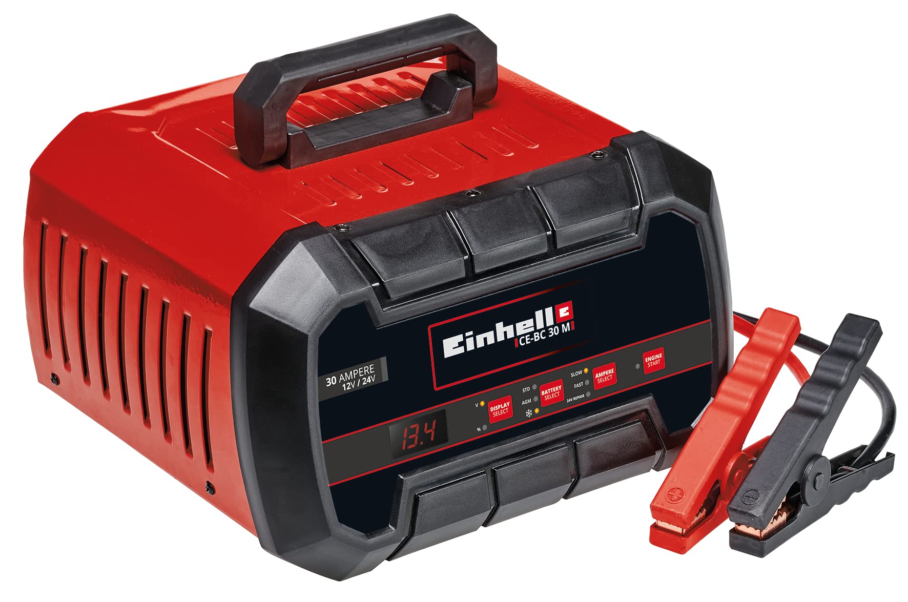 Einhell CE-BC 30 M Caricabatteria auto (220-240 V, di carica 12 / 24 V, per batterie 3-600 Ah, corrente carica 15A a 24 A - 30A a 24V, mantenitore carica, AVVIATORE, per batterie gel - AGM - acido)