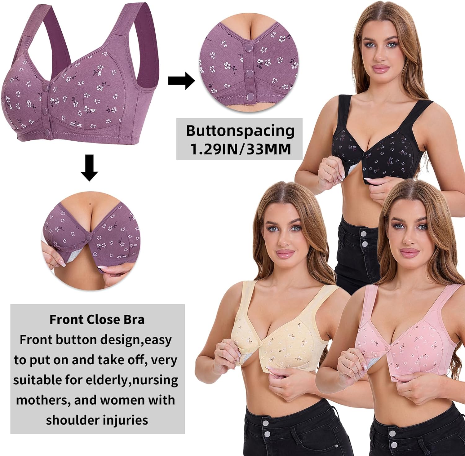 Daisy Bras for Women, Front Closure Bras Plus Size Push Up Comfortable No Underwire Seniors Full Coverage Cotton Bra - Image 4