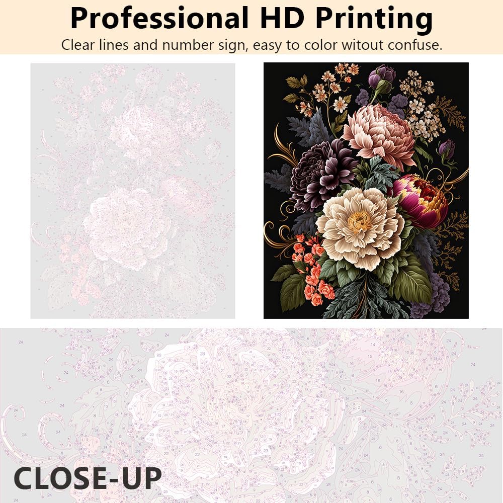 TISHIRON Flowers Painting by Numbers with Brushes and Acrylic Pigments DIY Painting by Numbers Adults for Mother's Day Gift Living Room Bedroom Decorating 40 x 50 cm Frameless