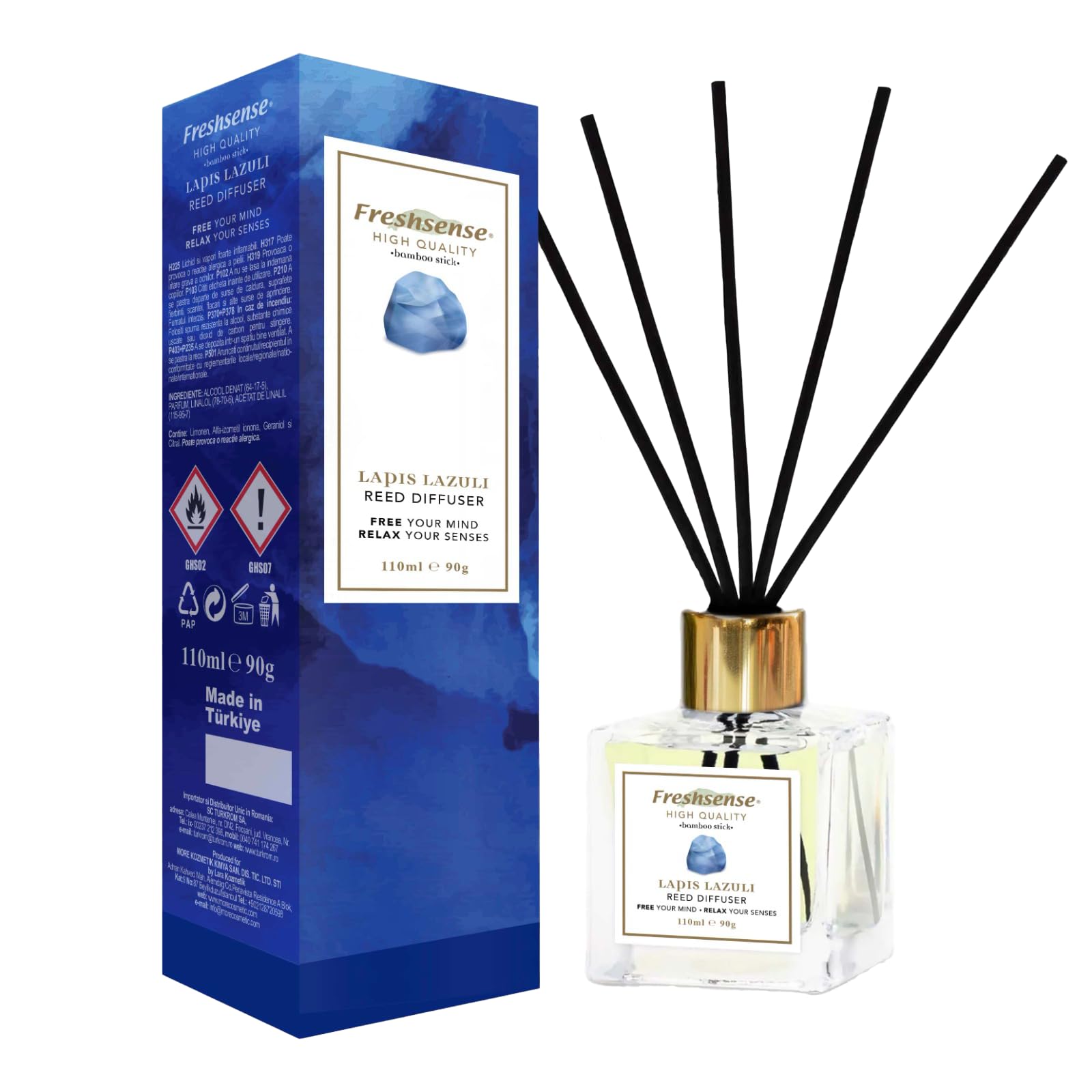 LAPIS LAZULI Reed Diffuser 110ml – Air Freshener | FRESH SENSE | Aromatherapy Essential Oil Diffuser for Home, Office, Toilet & Bathroom | Elegant Home Decor | Inspired by the Beauty of Rare Gemstone
