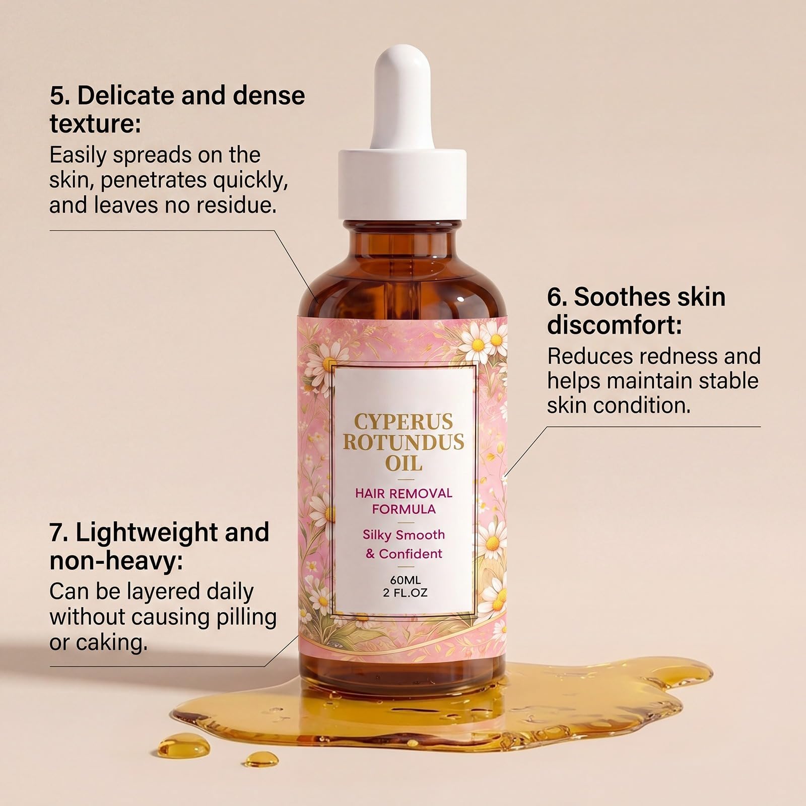 60 ml Naturalny olejek Cyperus Rotundus, premia formuła depilacji, nawilżająca i kojąca, redukuje owłosienie ciała, miękki olejek odpowiedni do wszystkich rodzajów skóry (6 szt.)