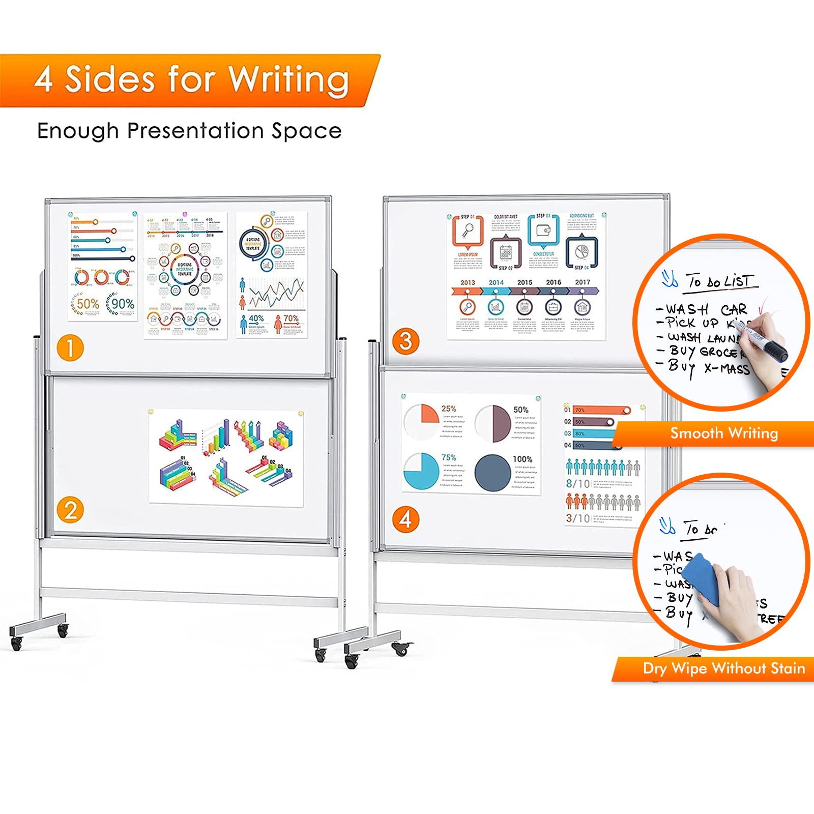 Maxtek Pizarra Blanca Móvil Regulable en Altura 150×120 cm, Doble Cara Magnética 120×75 cm, Whiteboard con Ruedas Marco Aluminio