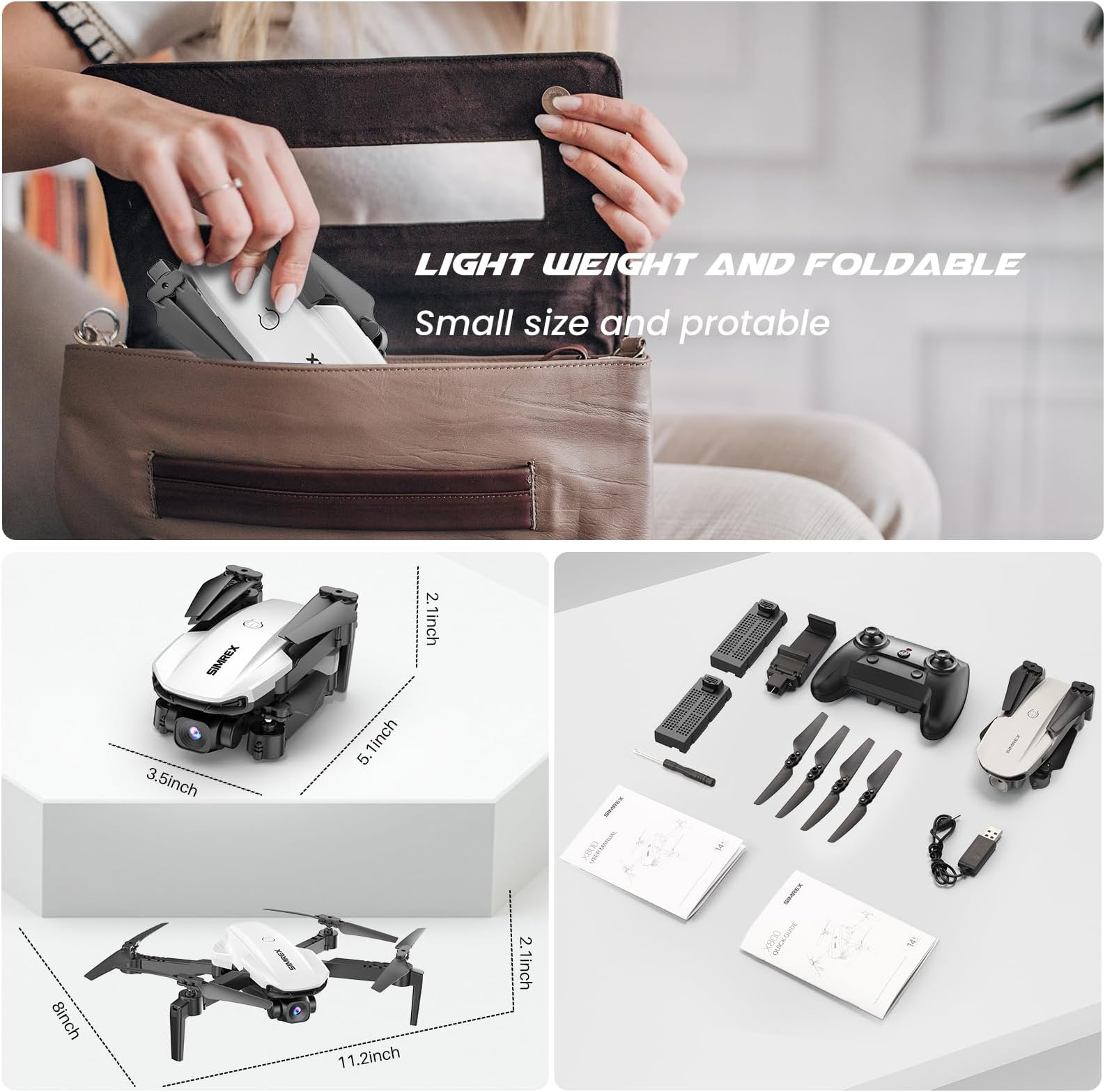 SIMREX 1080P Camera Drone, Altitude Hold Quadcopter, One-Key Boot Drone, Waypoint Flight, 3D Flip, 3 Speed, Remote Control Drone for Kids and Adults, White