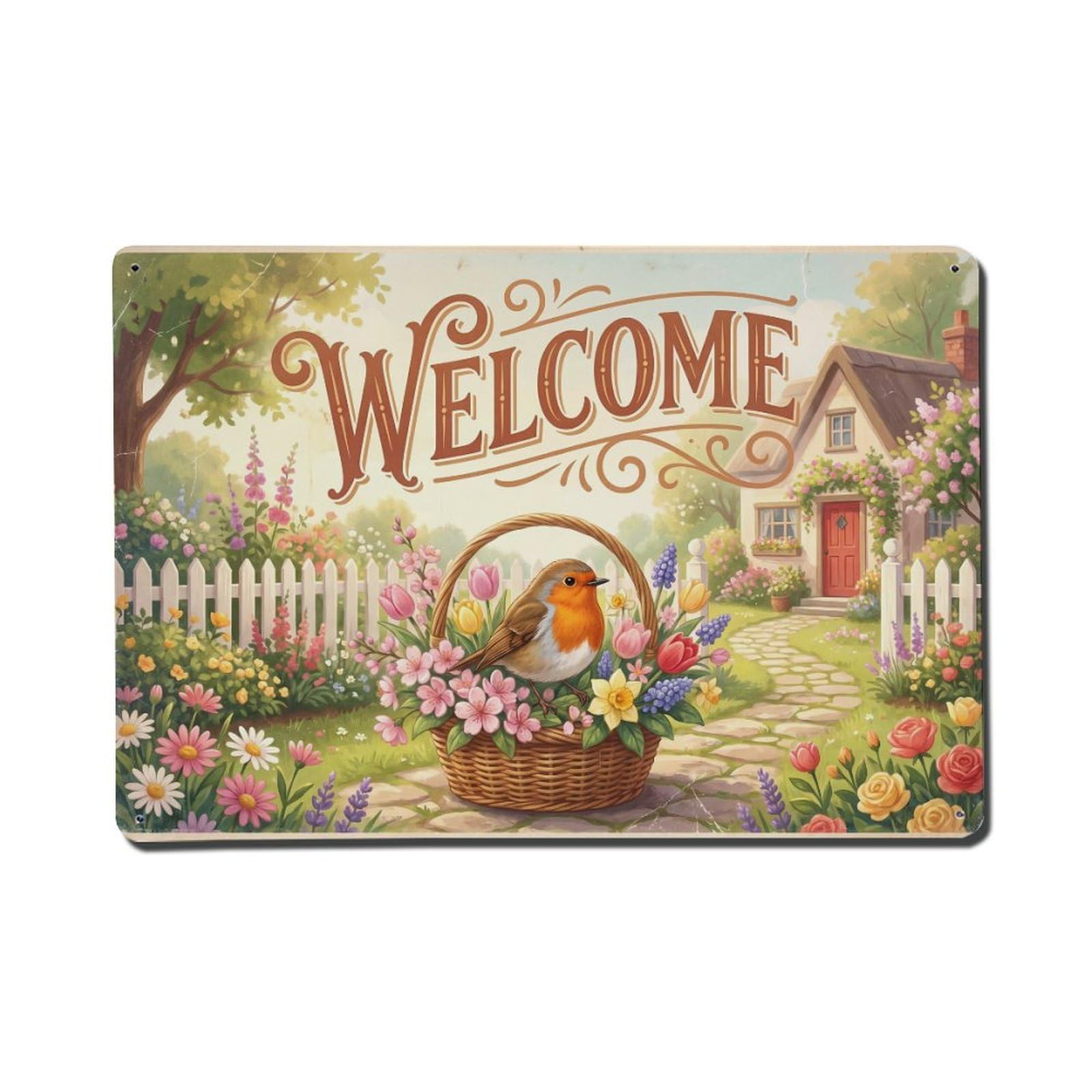 [Vintage Welcome] Robin Petal Paradise Metal Tin Sign