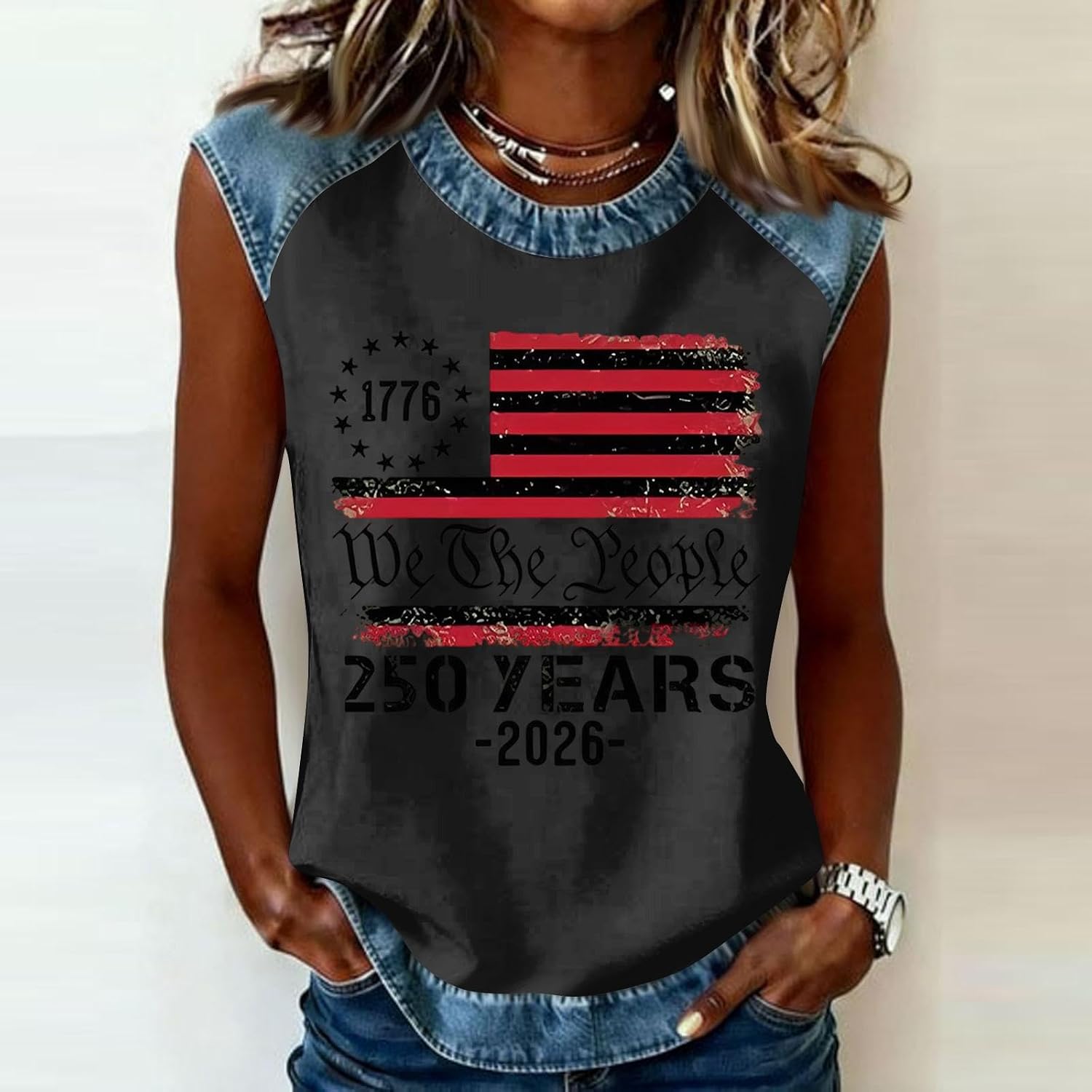 Womens Independence Day Tank Tops Sleeveless 4th of July Patriotic Blouses 250th Anniversary USA Denim Trim T-Shirts