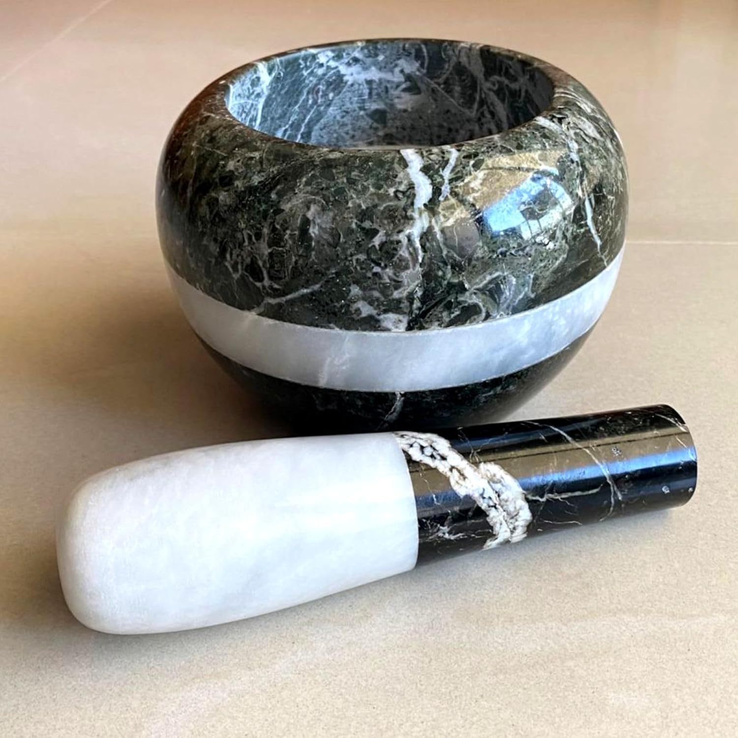 Gusto Nostro Natural Marble Mortar and Pestle Set | 5 Inch - 2.5 Cup Large Mortar Pestle Set for Grinding Herbs, Nuts, Grains | Pesto Grinding and Guacamole Stone Bowl | Marble Spice Crusher