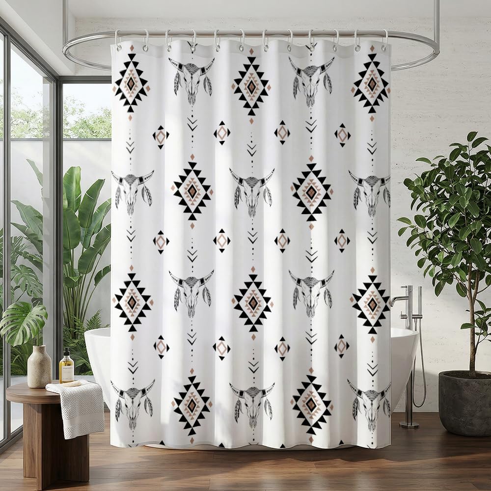 Rohxyzo Boho Western Washable Shower Curtain with Hooks, Polyester Fabric Shower Curtains for Bathroom, Wet Room Shower Curtain 180 x 180, Geometric Bull Skull Bath Curtain for Bathroom Decor
