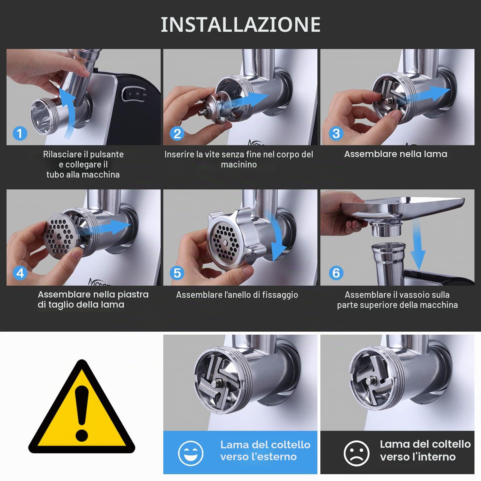 Tritacarne Elettrico Professionale 2000W con Insaccatrice e Accessorio Biscotti | 5 in 1 Macchina per Macinare Carne con 3 Dischi, 4 Lame e Accessori per Salsicce, Kibbe, Verdure e Dolci
