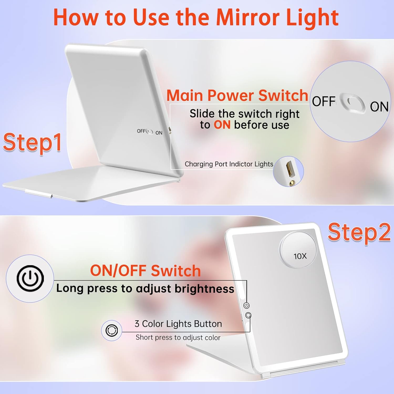 FUNTOUCH 1800mAh Rechargeable Large Travel Makeup Mirror with Lights, 10x7.5 Portable Lighted Makeup Mirror with 3 Color Lights, Dimming Folding Light Up Travel Mirrors with 10X Magnifying Mirror