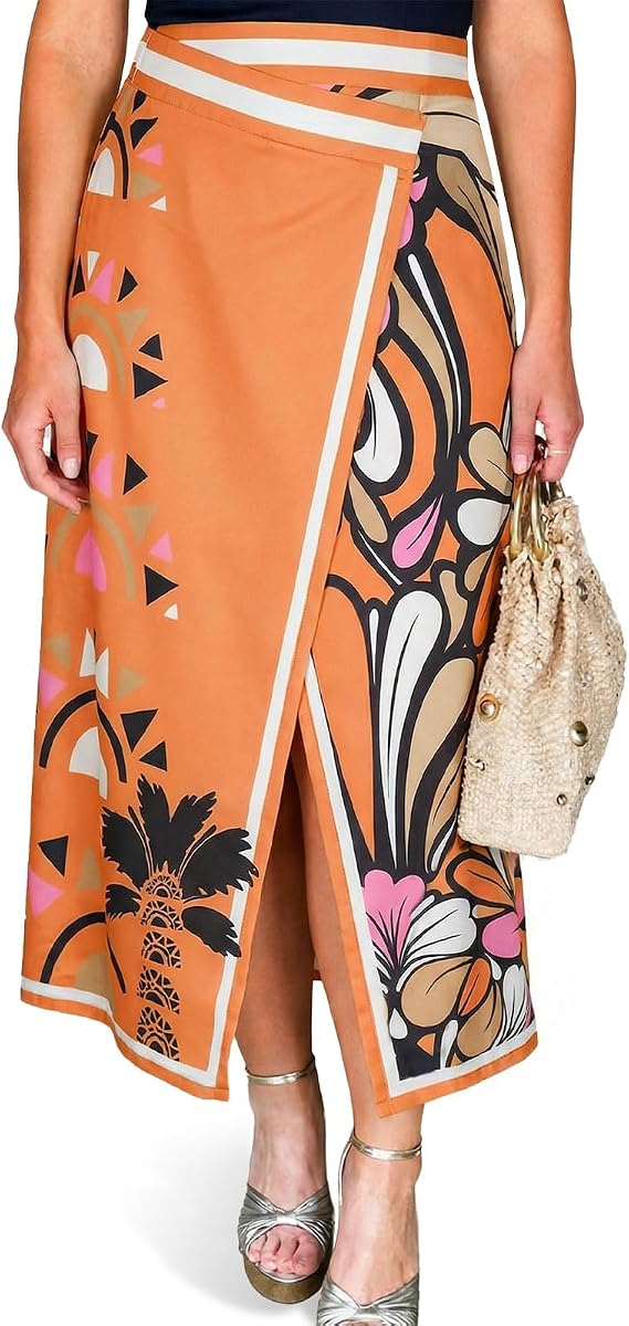 Tankaneo Women Floral Wrap Maxi Skirt Boho Elastic High Waisted Zipper Split A Line Flower Midi Skirts