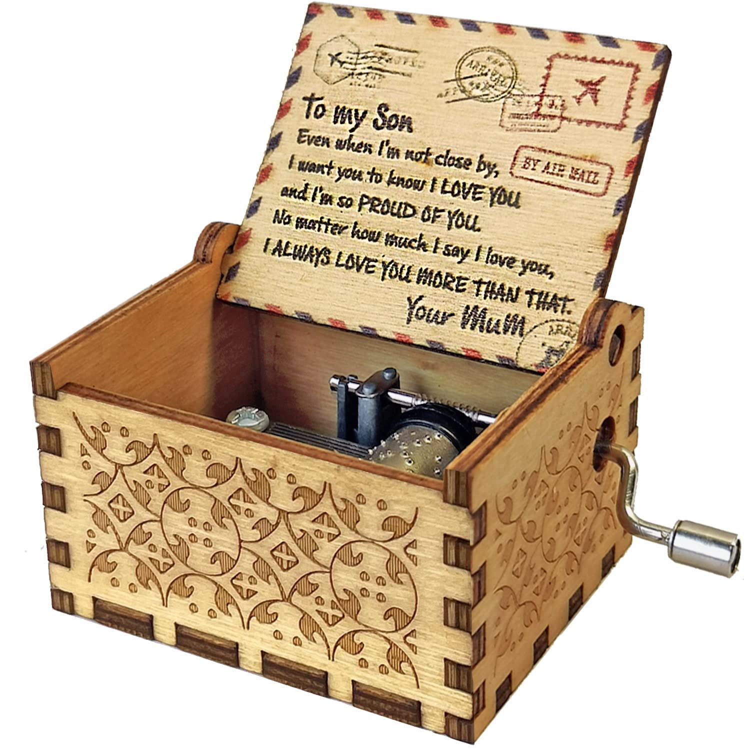 Sakruda Mum To Son Wooden Music Box For Son,Gift From ,Hand-Crank You Are My Sunshine Melody Wood Musical Box,Laser Engraved,Handmade Mechanism Antique Gift For Son On Birthday,Christmas,Anniversary