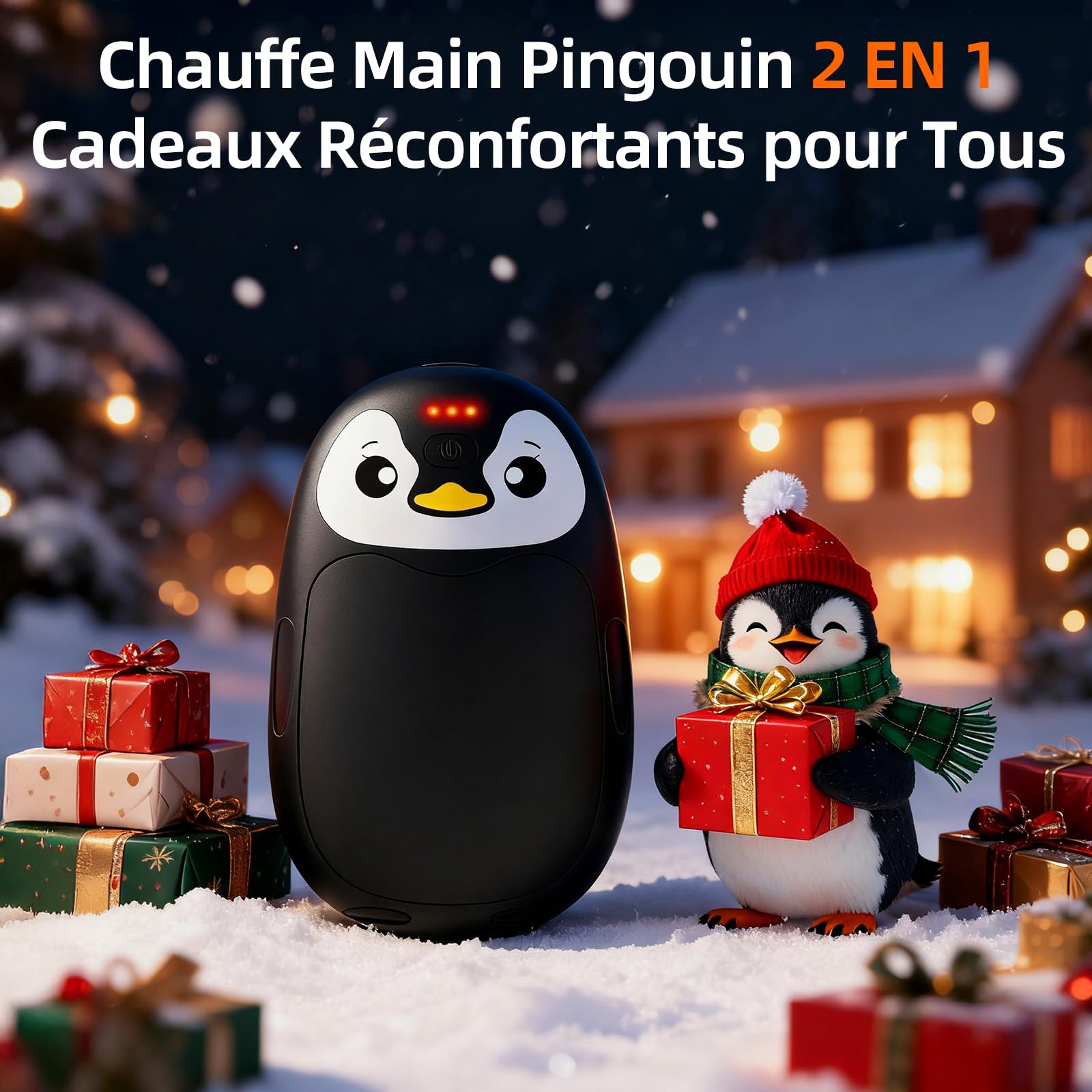 Chauffe Main Electrique 2 en 1, Noir Chaufferette Main Reutilisable 8000mAh Rechargeable par USB, 3 Niveaux de Chauffe, Cadeaux Hiver Unisexes, pour Camping et Sports en Extérieur