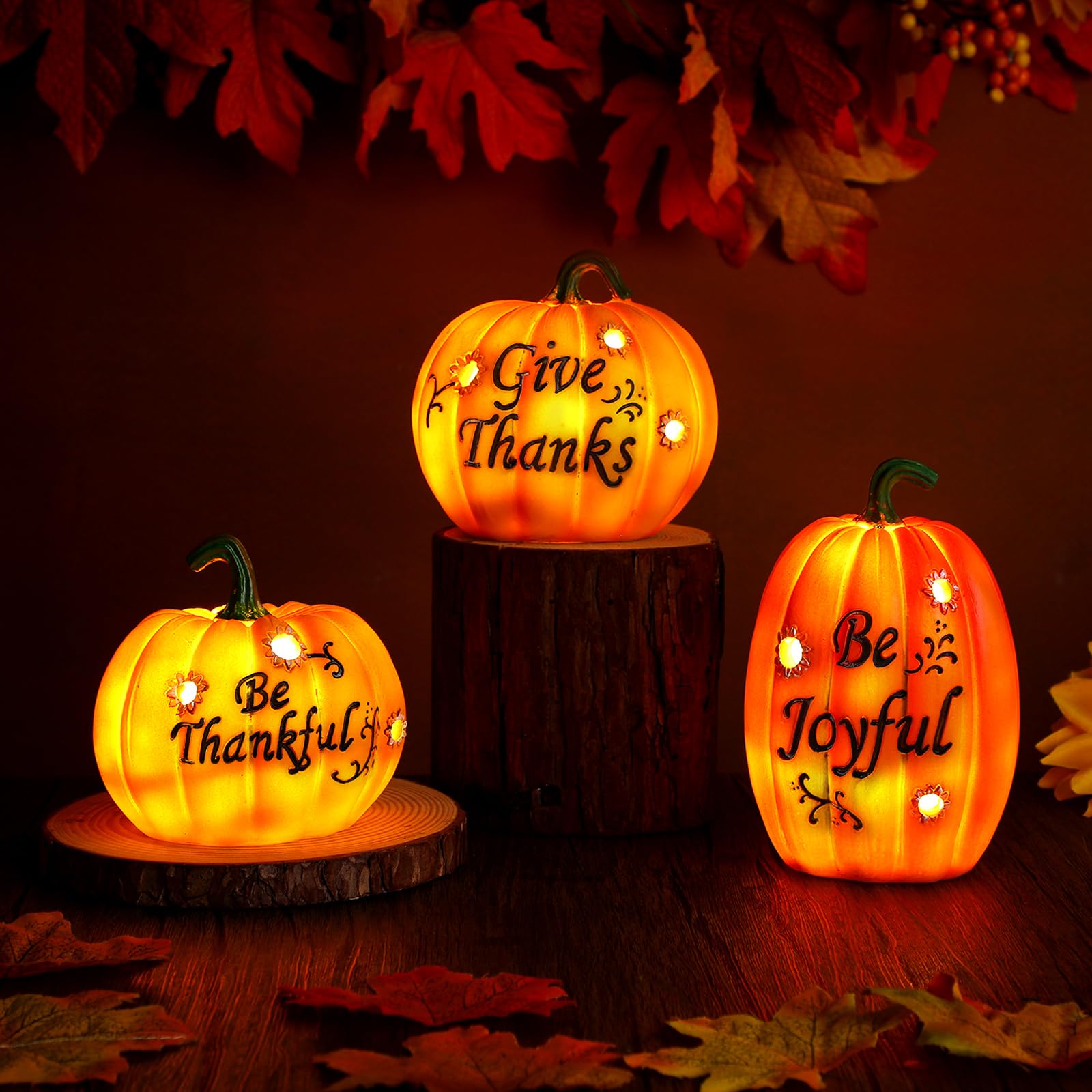 3 Pcs Thanksgiving Light up Pumpkin Tabletop Decor 3D Fall Resin Pumpkin Table Centerpieces with Blessings Words for Fall Thanksgiving Halloween Harvest Home Decorations