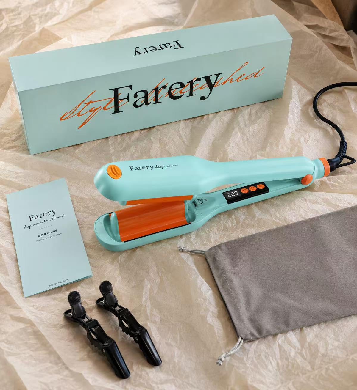 Ondulador de cabello Farery de 25 mm – Rizador de ondas profundas con tecnología iónica, tres tubos con calor uniforme y cable giratorio 360° para crear ondas playeras de forma segura y sencilla.