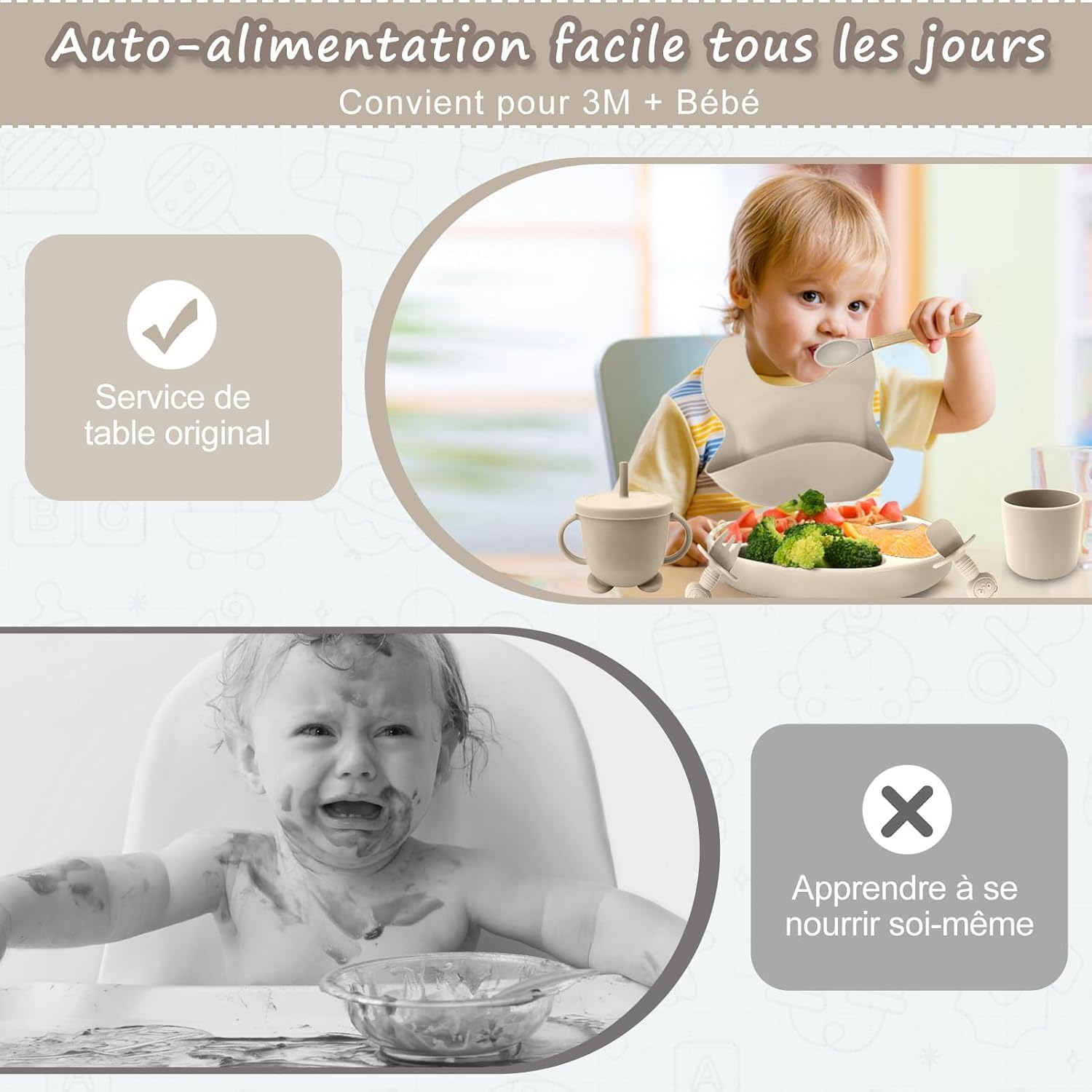 Set Pappa Svezzamento, Set di 12 Piatti per Bambini,Ventosa Ciotola e Cucchiaino per Neonati, Bavaglino in Silicone, Set di Posate per Bambini per Lo Svezzamento e L'Alimentazione