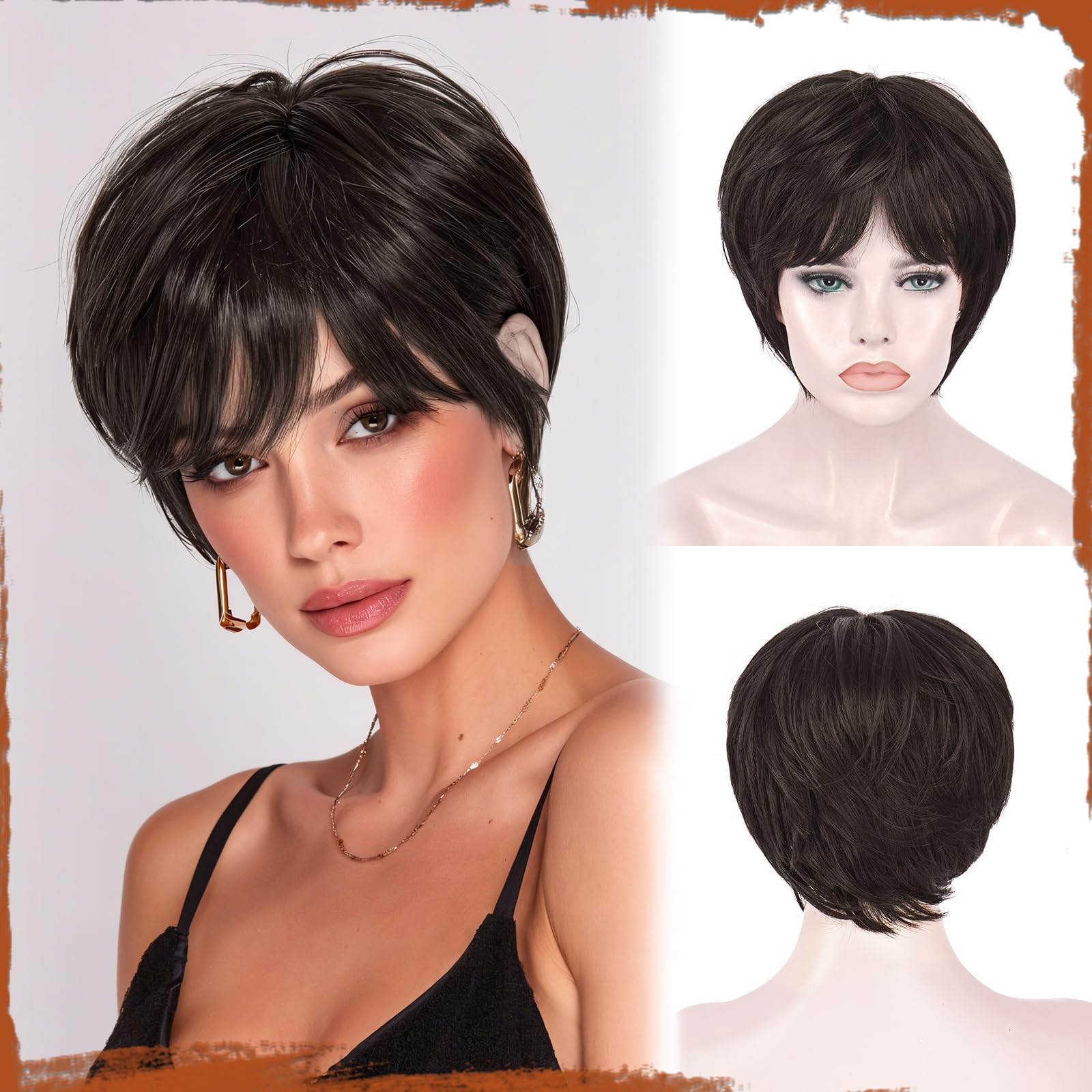 Sofeiyan Parrucca Corta Taglio Pixie,Parrucche da Donna Resistenti al Calore e Naturali con Frangia,Parrucca in Capelli Sintetici Marrone da 23 cm,Uso Quotidiano e le Feste
