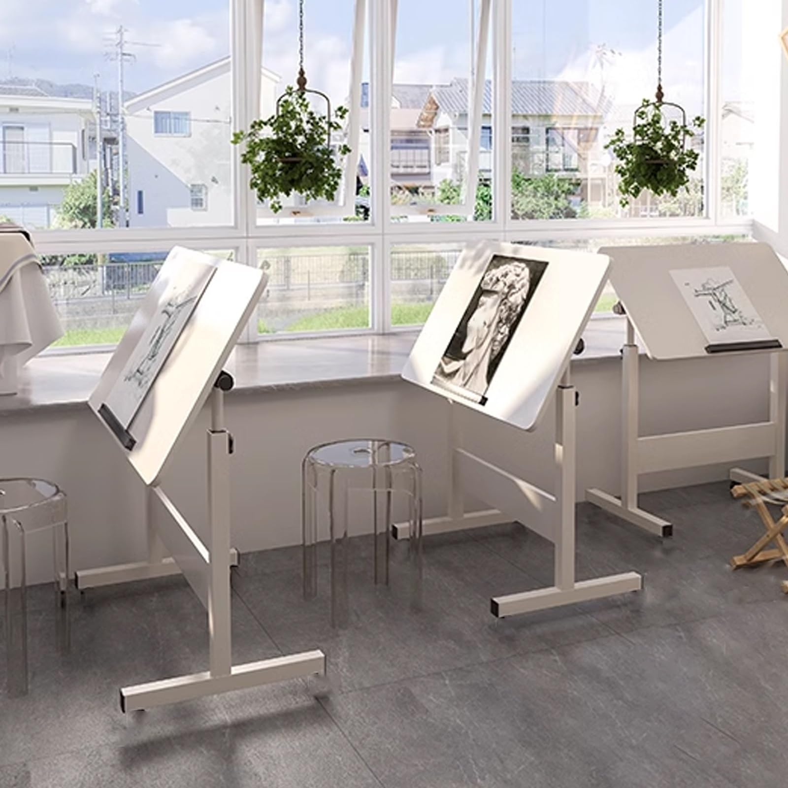 Tavolo da disegno regolabile in altezza per artisti, tavolo da disegno con cavalletti, scrivania per computer per casa e ufficio, bianco, 50 x 80 cm