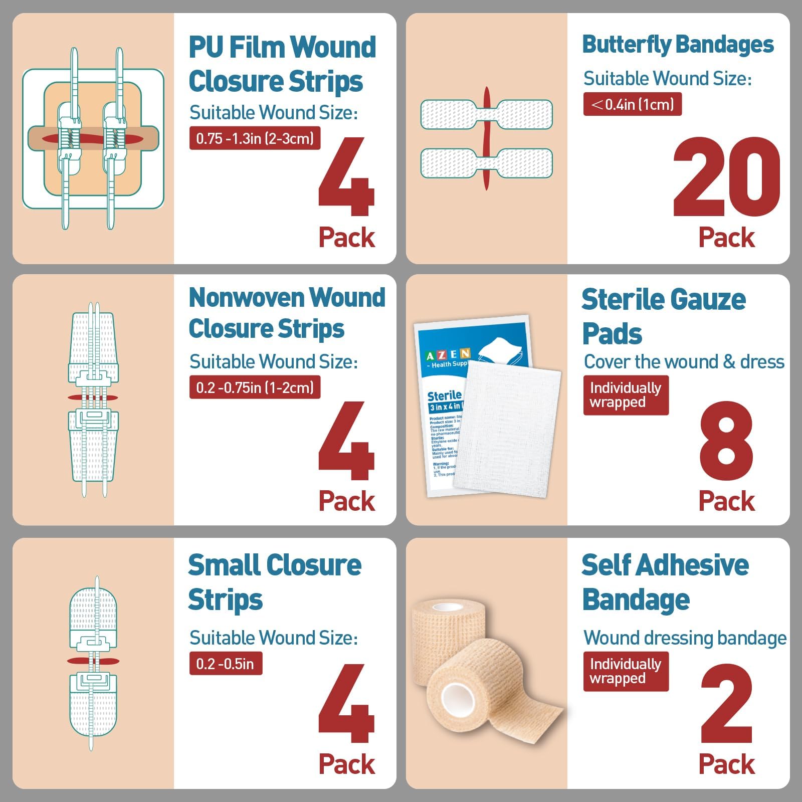 AZEN 42 Pack Wound Closure Strips, Butterfly Bandages, Emergency Laceration Closure Kit, Repair Wounds Without Stitches, Quick Clot Zip Stitch Wound Closures Device — Amazon image 2