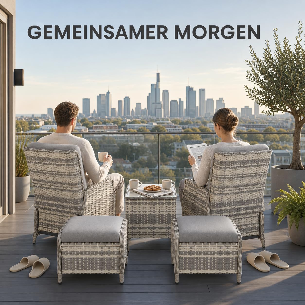 Gotland Rattan Gartenmöbel Set Lounge Möbel Outdoor, Verstellbares 2-Sitzer Terrassen/Balkon möbel Set mit 118° Rückenlehne & Fußhocker, Hochwertige Polster & Glastisch, Gartengarnitur Wetterfest