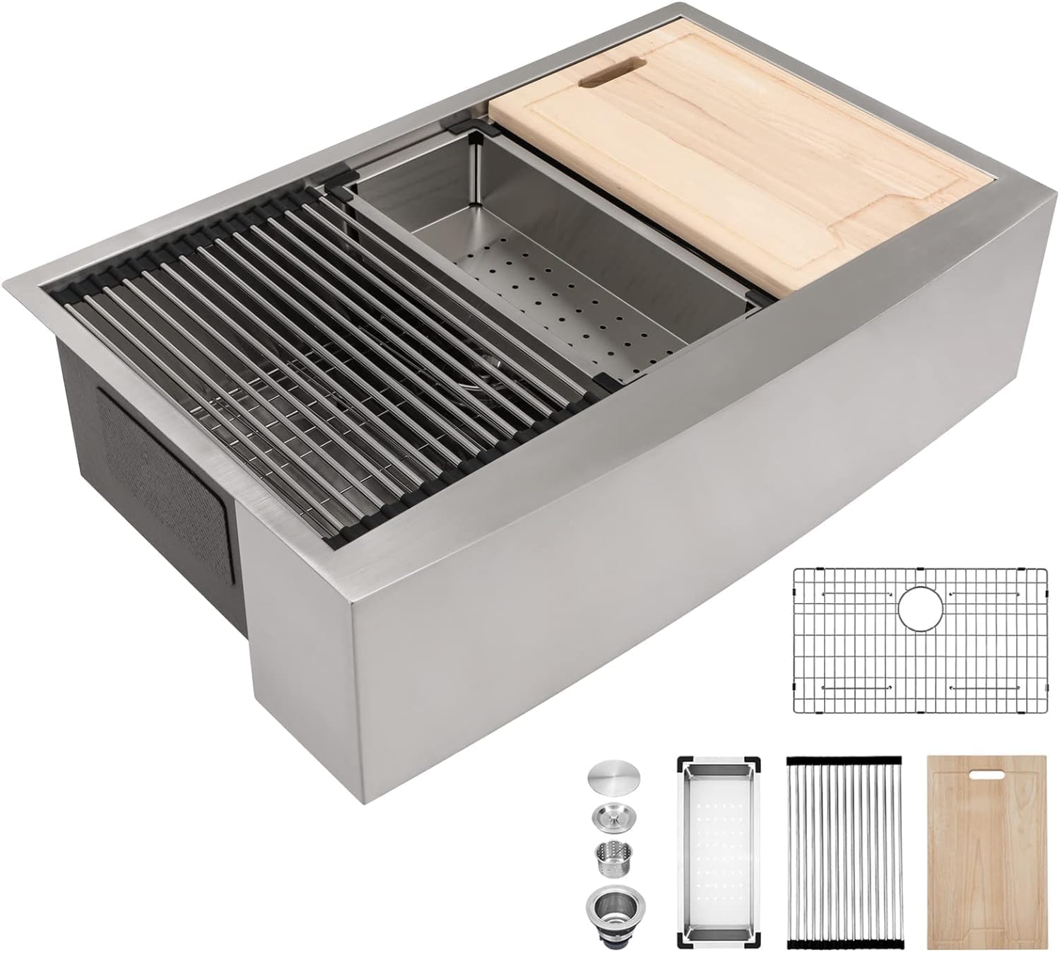 Kichae 36 Inch Farmhouse Kitchen Sink Ledge Workstation Apron Front Farmer Sink Stainless Steel Single Bowl Handmade Modern Farm Style with Accessories