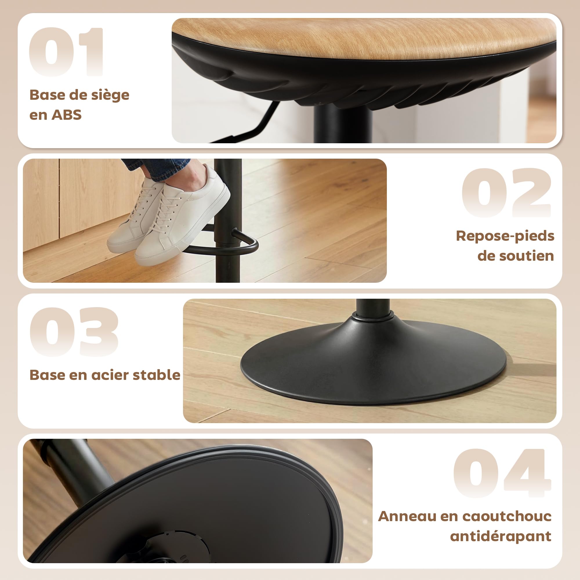 HOMCOM Lot de 2 Tabourets de Bar Réglables en Hauteur 40x40x63-84cm Chêne