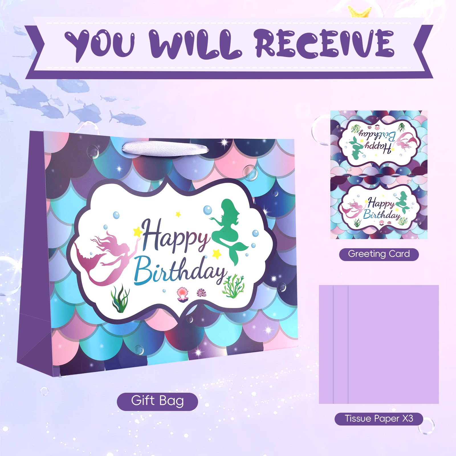 JMANNI Large Happy Birthday Gift Bag with Tissue Papers and Greeting Card,Portable Paper Mermaid Gift Bags with Handles,Purple Present Bags for Women Girls Birthday Party Supplies13 x 10.2" x4.7"