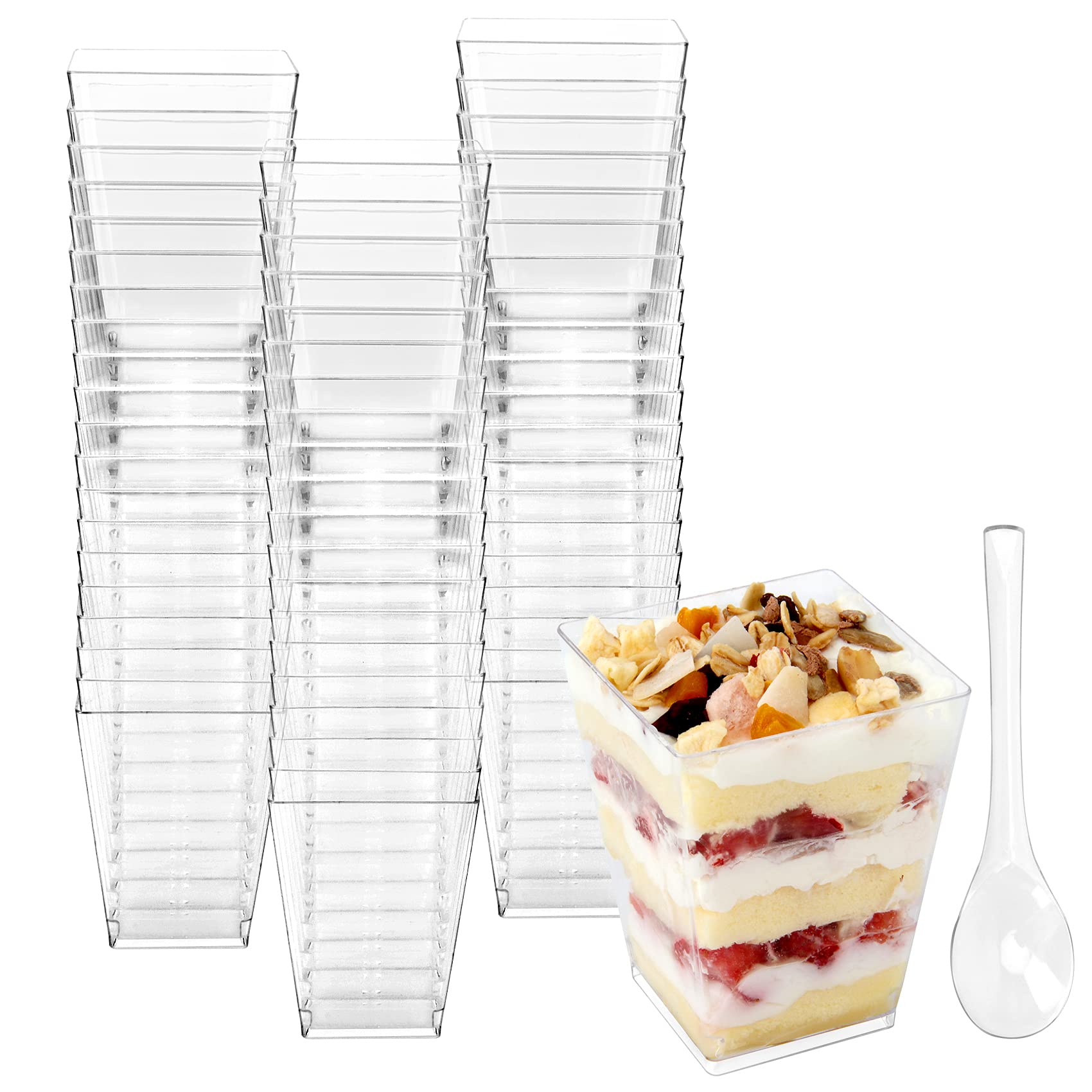 ColovisDessert Cups, 60 Count 5oz Clear Plastic Parfait Appetizer Cups with Spoons Square Dessert Serving Cups for Parties, Events, Catering (60)