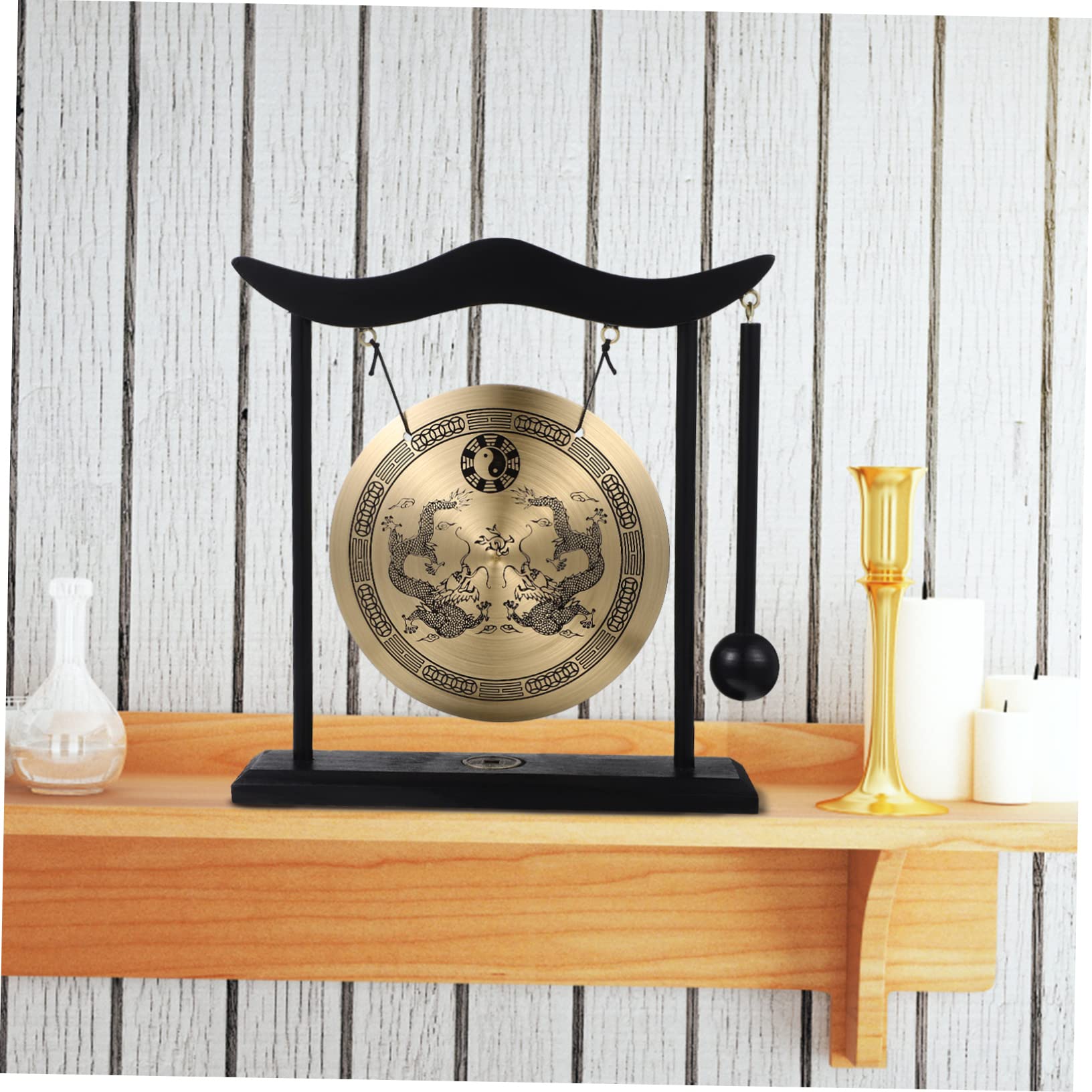PRETYZOOM Gong De Escritorio Fengshui De Latón con Soporte Y Gong Colgante Chino Campana De Escritorio De Campana De Gong Asiática Tradicional para Decoración De La Oficina