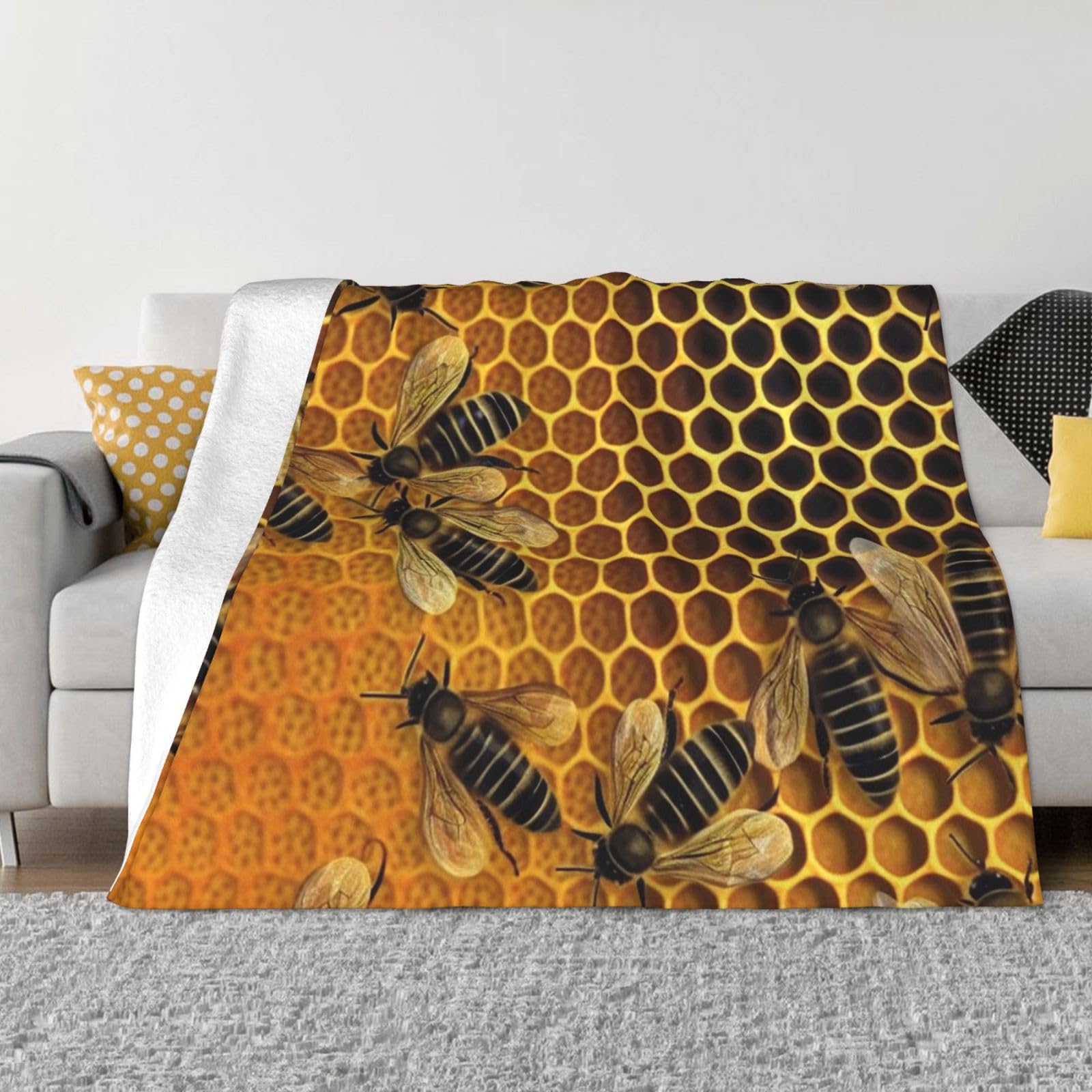 KLOPH Bees on hive Throw Blanket 60"x50" Flannel Fluffy Warm Blanket for Couch, Reversible Plush Blankets for Bed, Comfy Fuzzy Blanket for Sofa, Plush Lightweight-Blankets for All Season