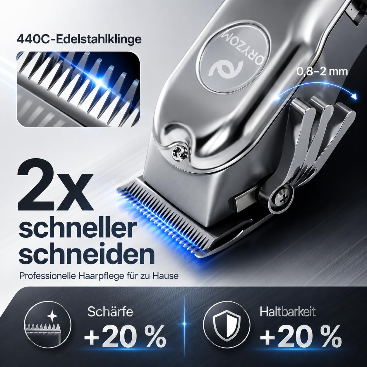 ProTrim 2.0 Haarschneider mit LCD und Edelstahlklingen für Haar und Bart | LCD-Farbdisplay, Edelstahlklingen, 8 Kämme von 3 bis 25 mm und bis zu 180 Minuten Laufzeit für flexible Pflege.