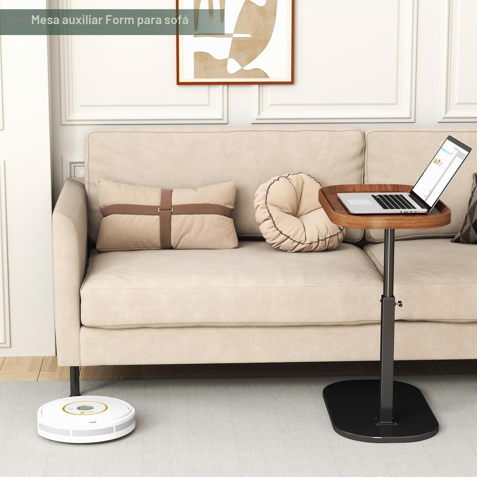 Mesa Auxiliar en Forma de C, Regulable en Altura y Giratoria 360°, Mesa Lateral Moderna y Móvil de Madera para Sofá y Café