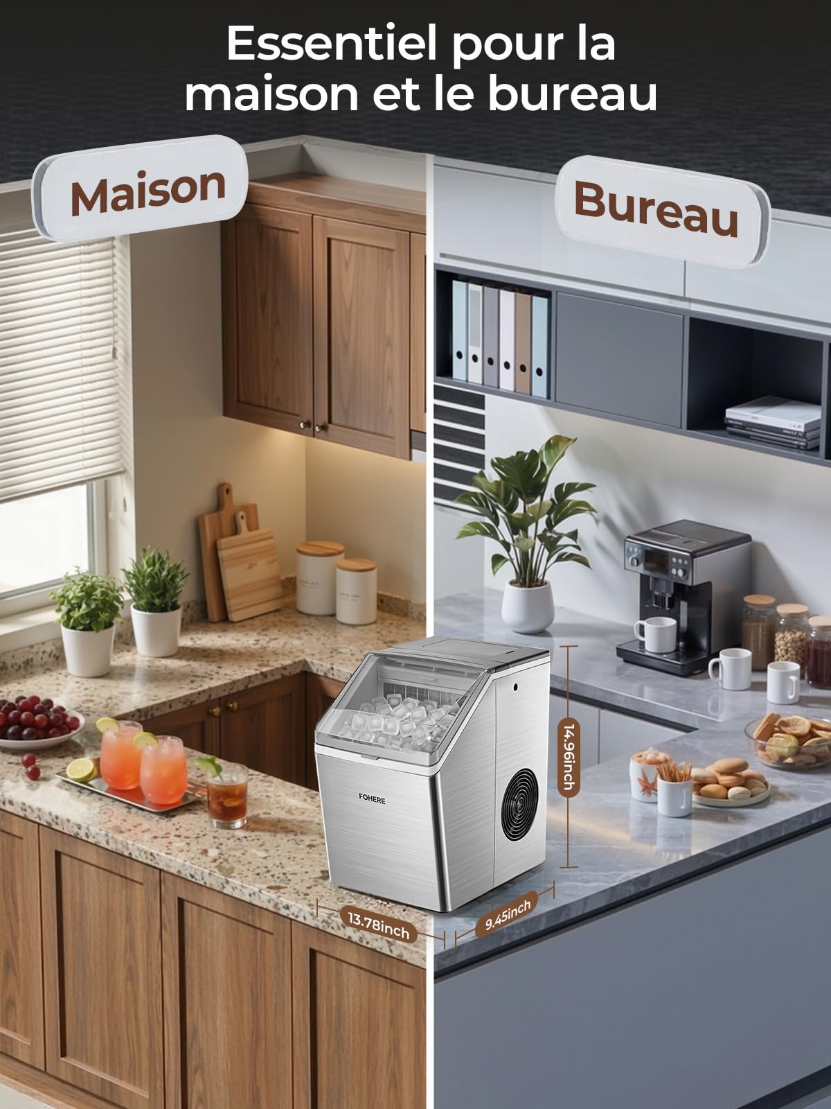 FOHERE Machine à Glaçons en Acier Inoxydable, 24kg/24h, 24 Glaçons en 10-15 Min, Réservoir 3,2L avec Minuterie, Auto-Nettoyage & Dégivrage, Double Alimentation en Eau, 40 dB, Bar & Gastronomie