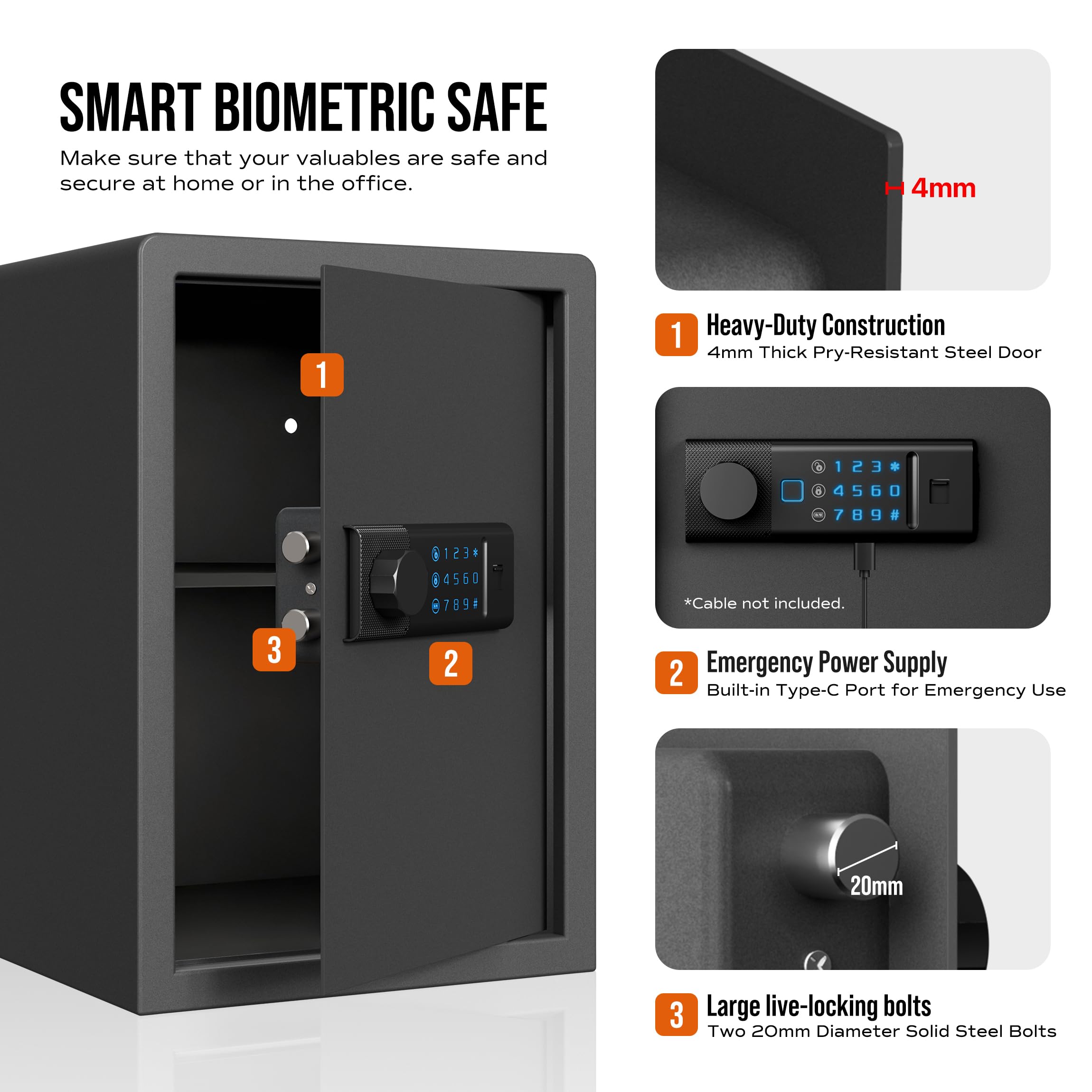 RPNB Caja fuerte biométrica retroiluminada Touchpad pequeña caja fuerte para el hogar con puerto USB C de emergencia, luz indicadora, caja fuerte de acero de aleación para dinero y joyas, 51L