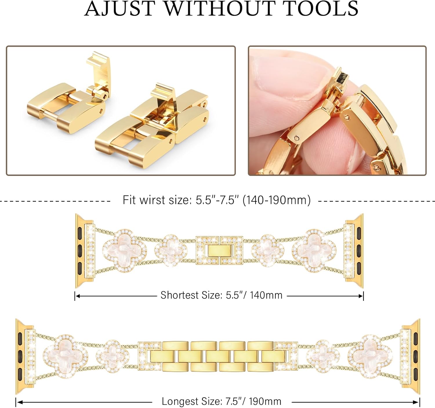 Tasikar Bling Diamond Women Band Compatible with Apple Watch Band 49mm 46mm 45mm 44mm 42mm 41mm 40mm 38mm Ultra SE Series 11 10 9 8 7 6 5 4 3 2 1 Lucky Clover Dressy Replacement Bracelet (Gold) - Image 5
