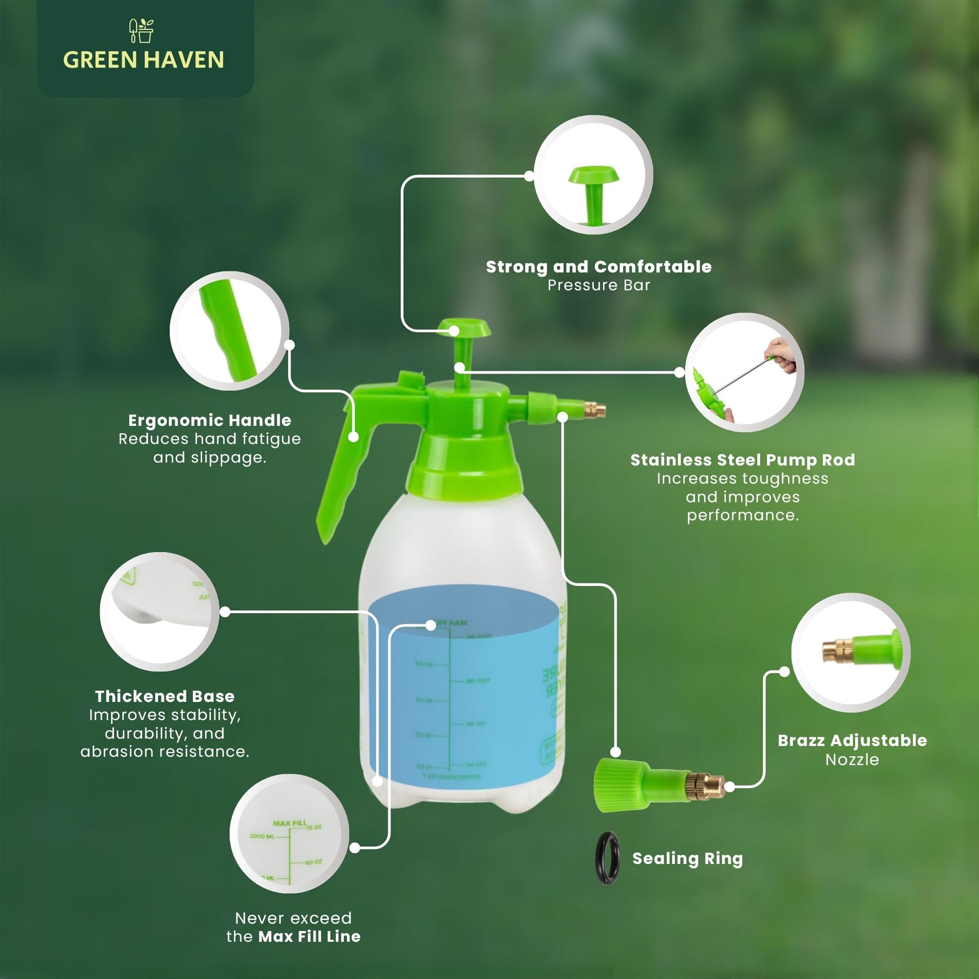 Green Haven 2 Litre Garden Pressure Sprayer – Pump Action Sprayer with Adjustable Nozzle & Carry Strap – Weed Killer, Pesticide & Fertiliser Sprayer — view 2
