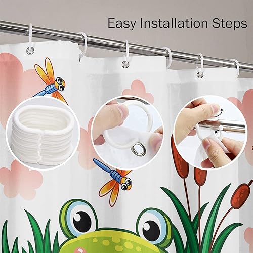 Miniatura 3 de Emvency Cortina de ducha azul con dibujos animados de rana sentada en estanque estilo infantil lago con animales coloridos bebé tela de poliéster