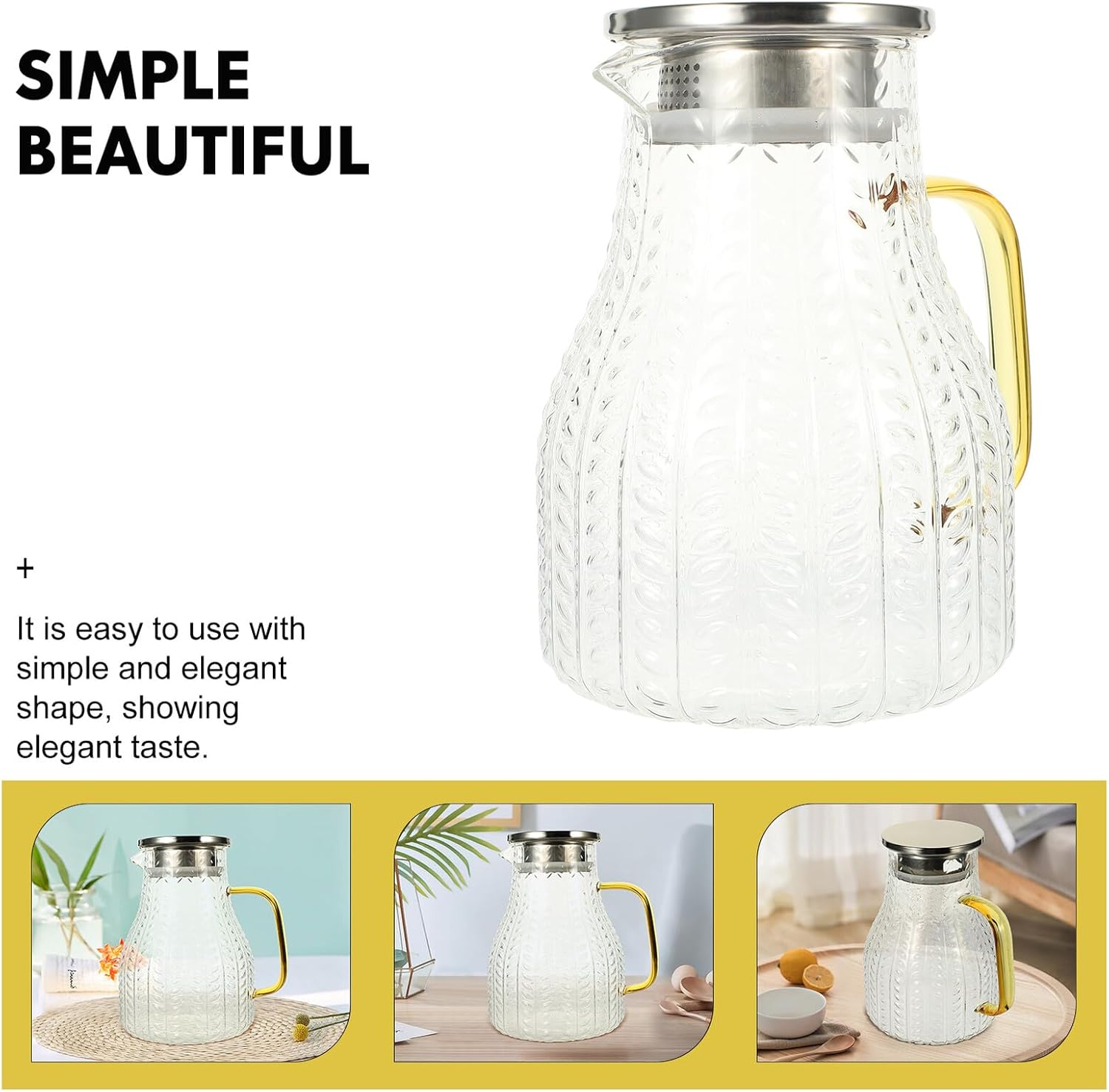 minkissy Glass Cold Water Pitcher 1500ml Large Capacity with Stainless Steel Lid, Leak-proof Beverage Jug for Household Use, Refrigerator Water Container for Iced Drinks and Juice