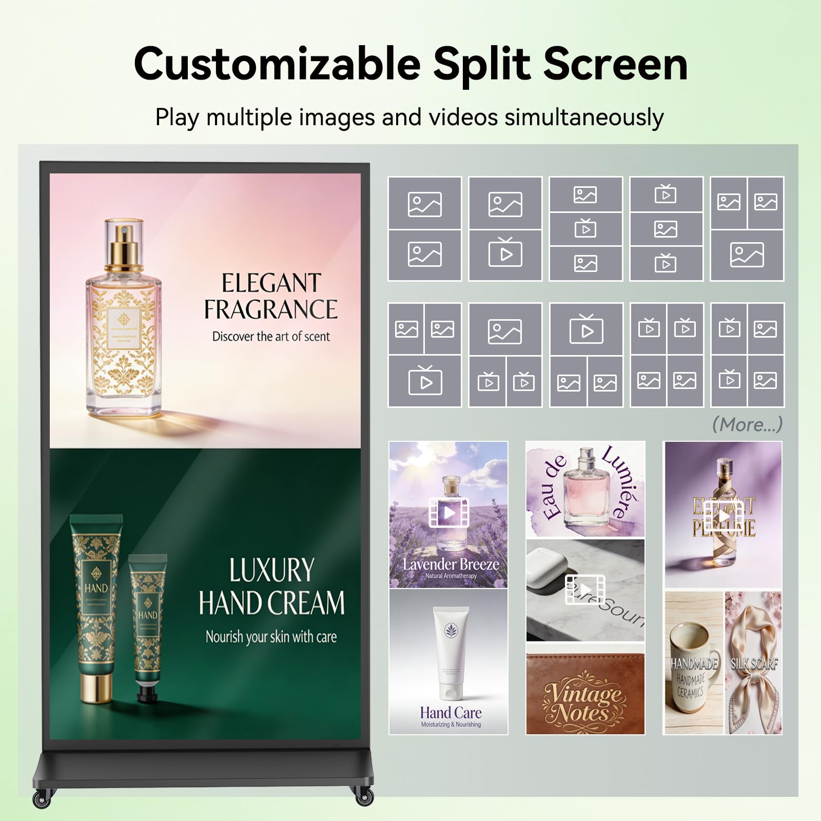MWE 85 Zoll Digitaler Kundenstopper, 4K UHD Digital Signage Display, Full-Screen LCD Digital Customer Stopper, Werbedisplay mit Rollen, geeignet für Restaurant, Einkaufszentrum, Einzelhandel