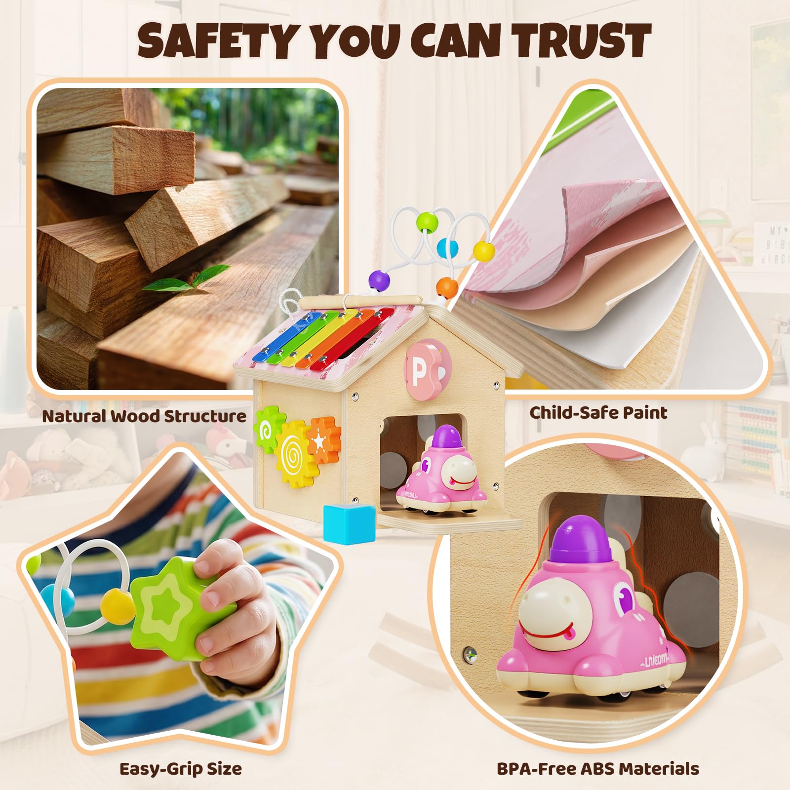 Cubo Multiattivita in Legno Bambini 1+ Anno con Press to Go Car Montessori | Interattivo Giochi Abilità Motorie Regalo Bimbo per Ragazzi e Ragazze Giocattoli di Apprendimento Educativi 2 3 4 Anno
