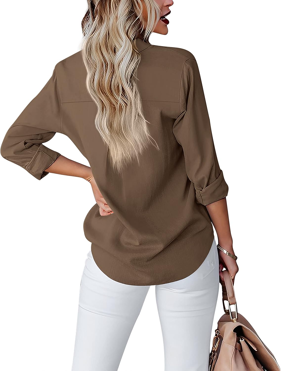 Diosun Womens Button Down Shirts V Neck Long Sleeve Office Casual Business Plain Blouse Tops with Pocket - Image 4